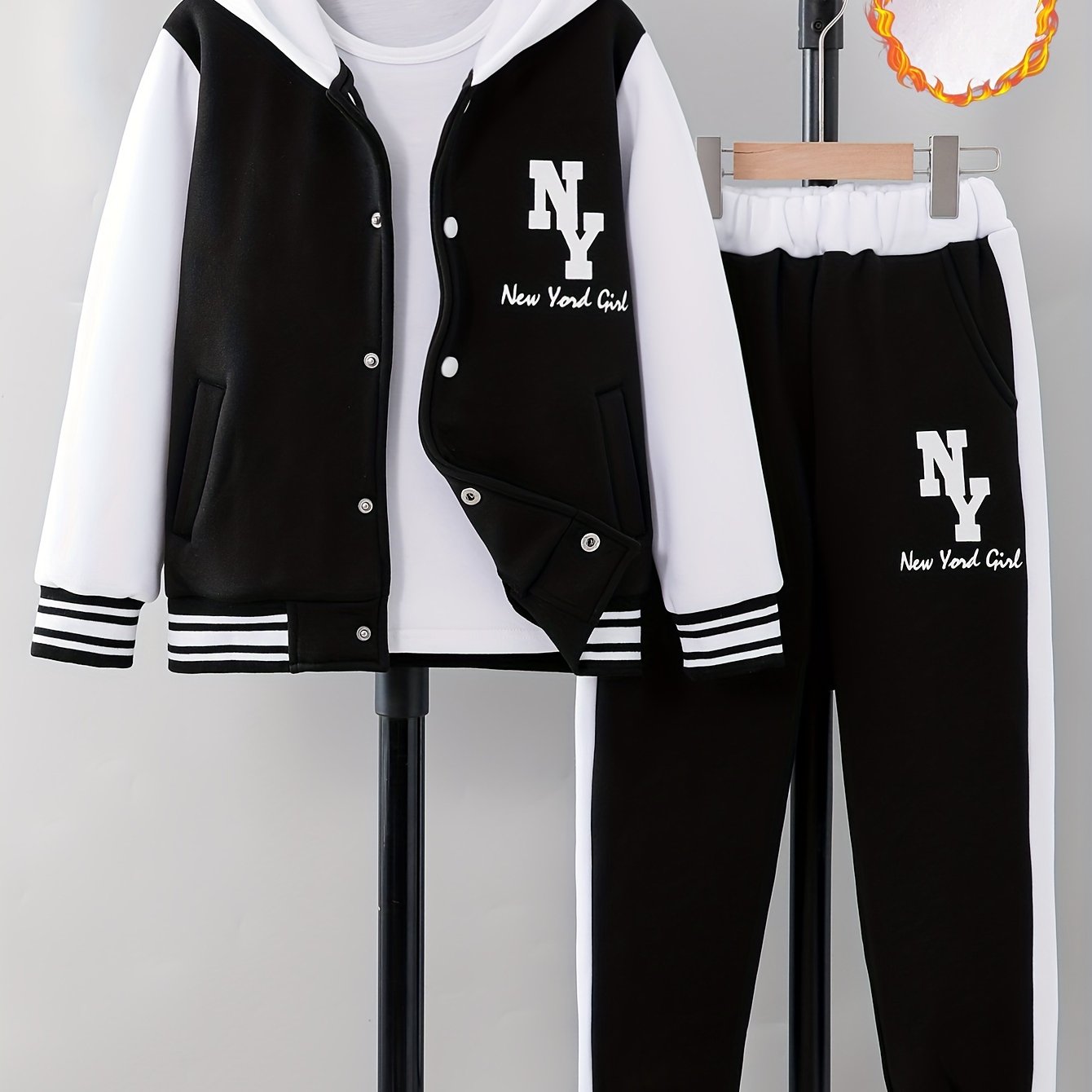 'NY' Letter Print Girl's Preppy Outfit, Color Block Hooded Varsity Jacket + Sweatpants Set