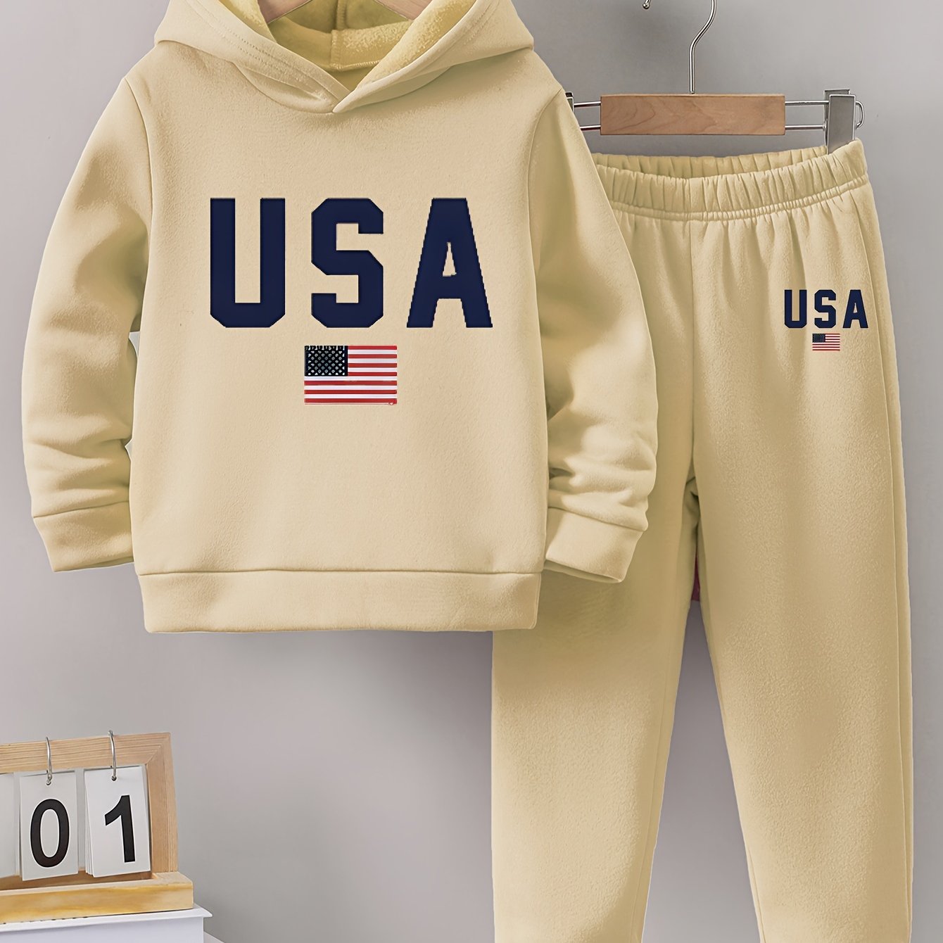 Boys' Pattern Printed Warm Lined Hoodie and Sweatpants