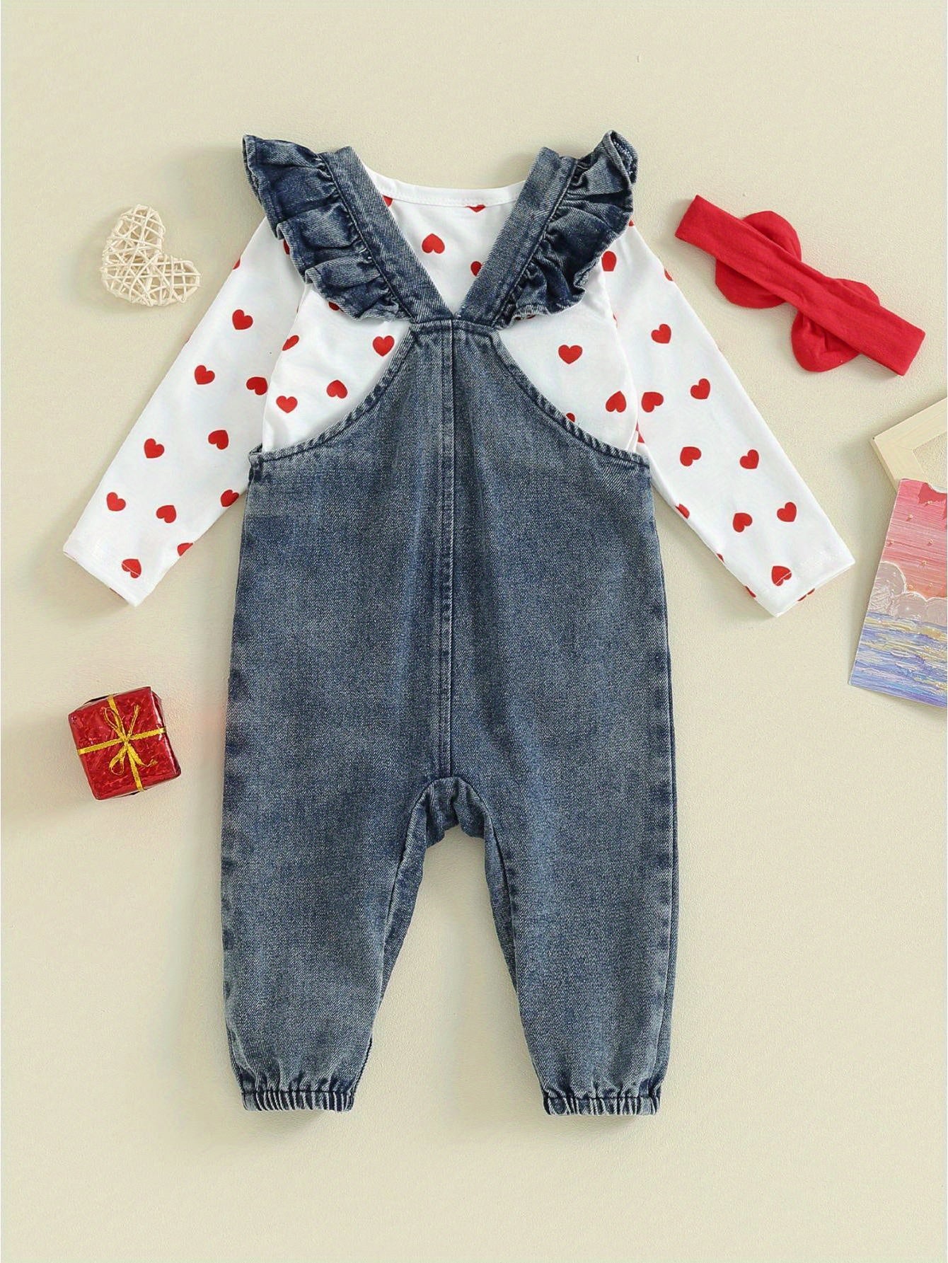 Baby Girl Valentine's Day Clothes Heart Print Long Sleeve Romper with Bear Embroidery Denim Overalls Pants Headband