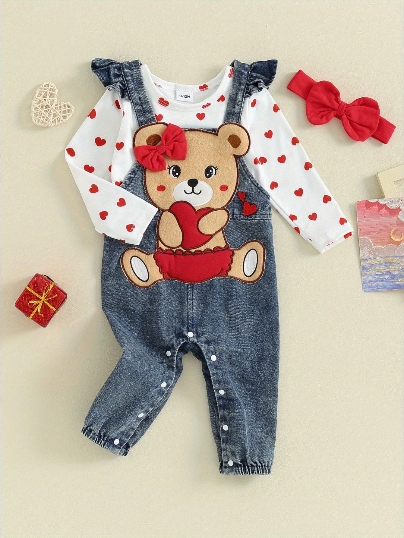 Baby Girl Valentine's Day Clothes Heart Print Long Sleeve Romper with Bear Embroidery Denim Overalls Pants Headband
