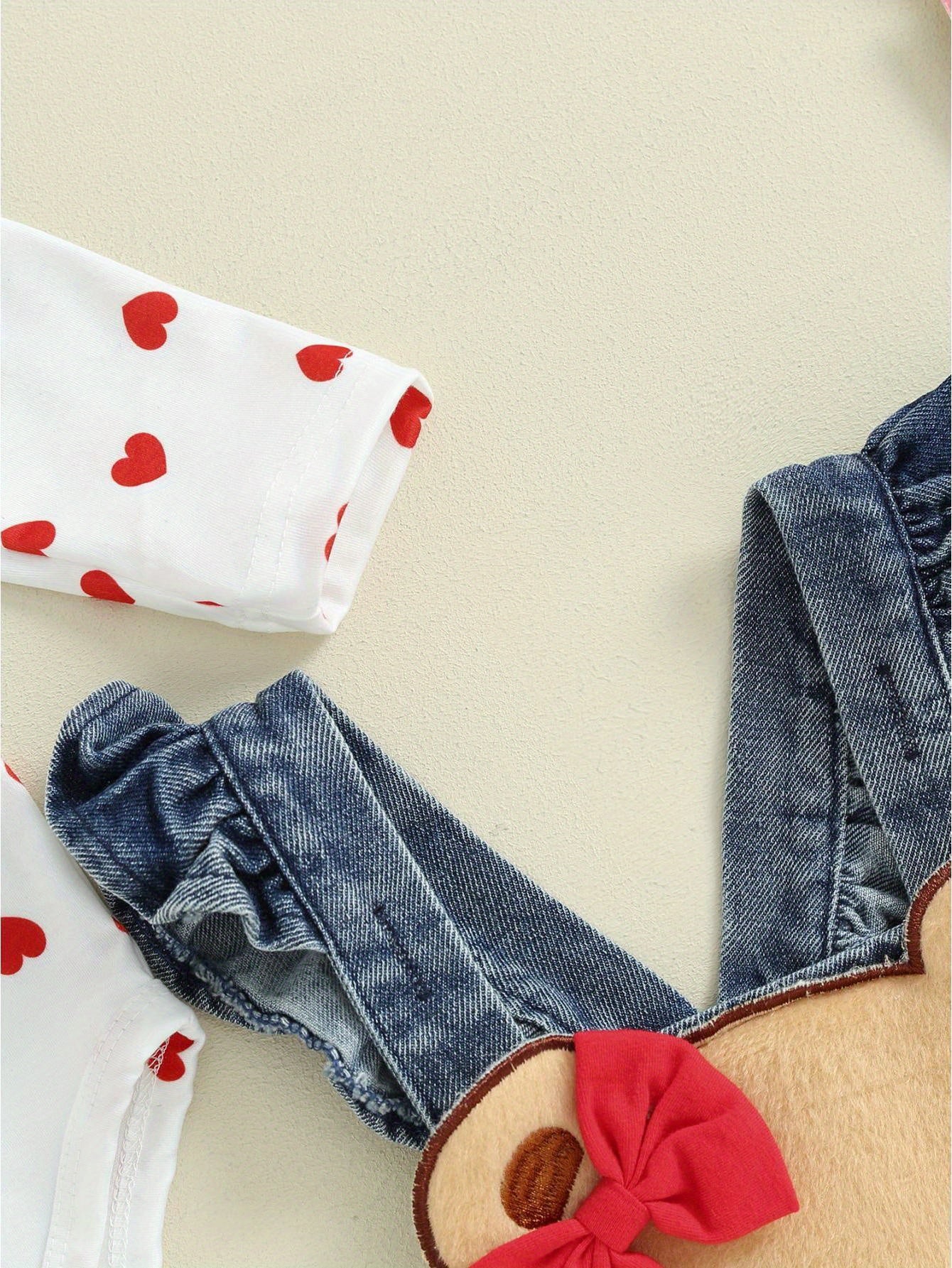 Baby Girl Valentine's Day Clothes Heart Print Long Sleeve Romper with Bear Embroidery Denim Overalls Pants Headband