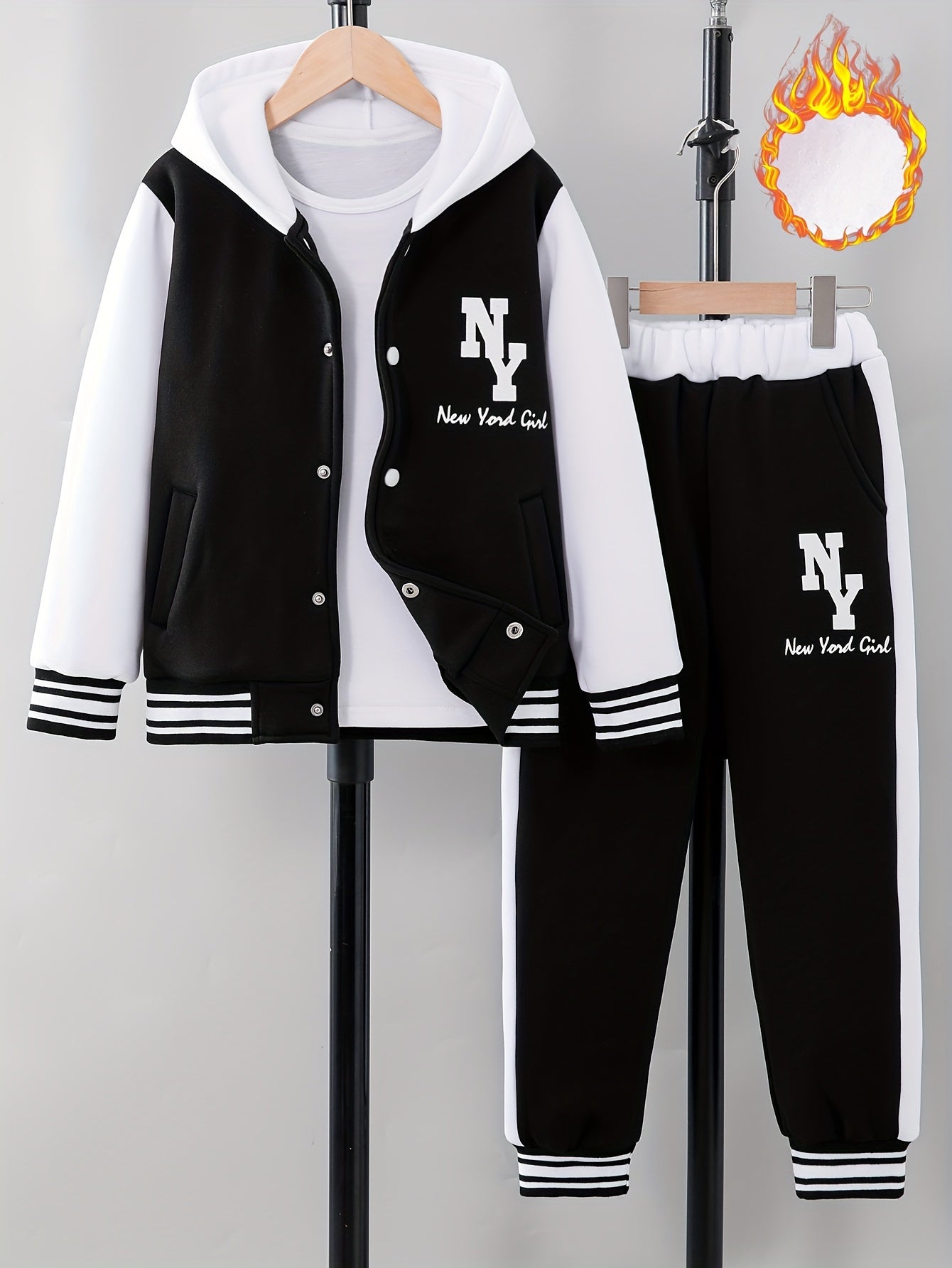 'NY' Letter Print Girl's Preppy Outfit, Color Block Hooded Varsity Jacket + Sweatpants Set