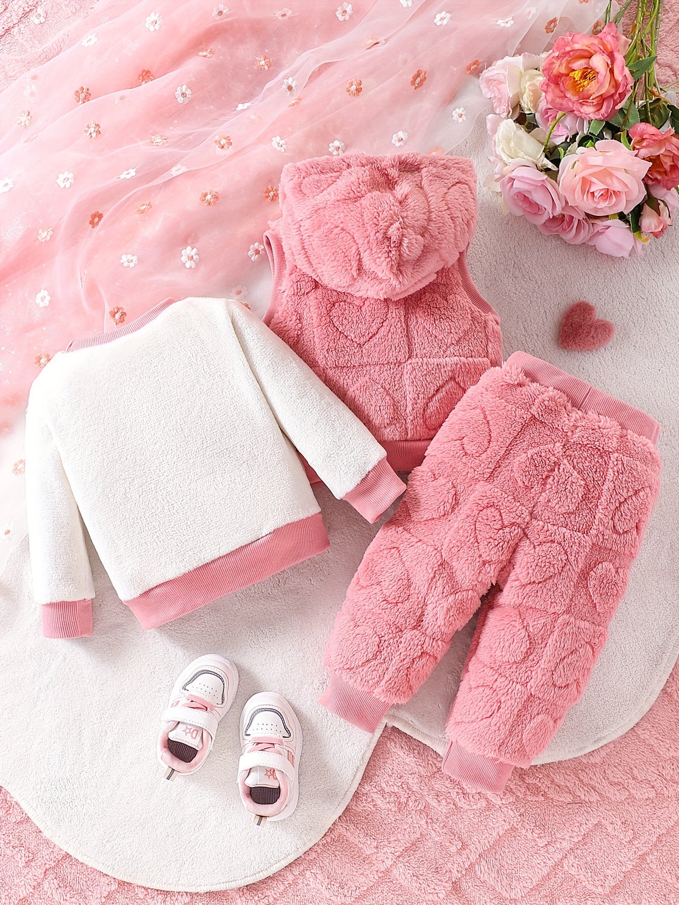 3pcs set of girls love plush hooded vest, love plush hooded top and cuffed trousers