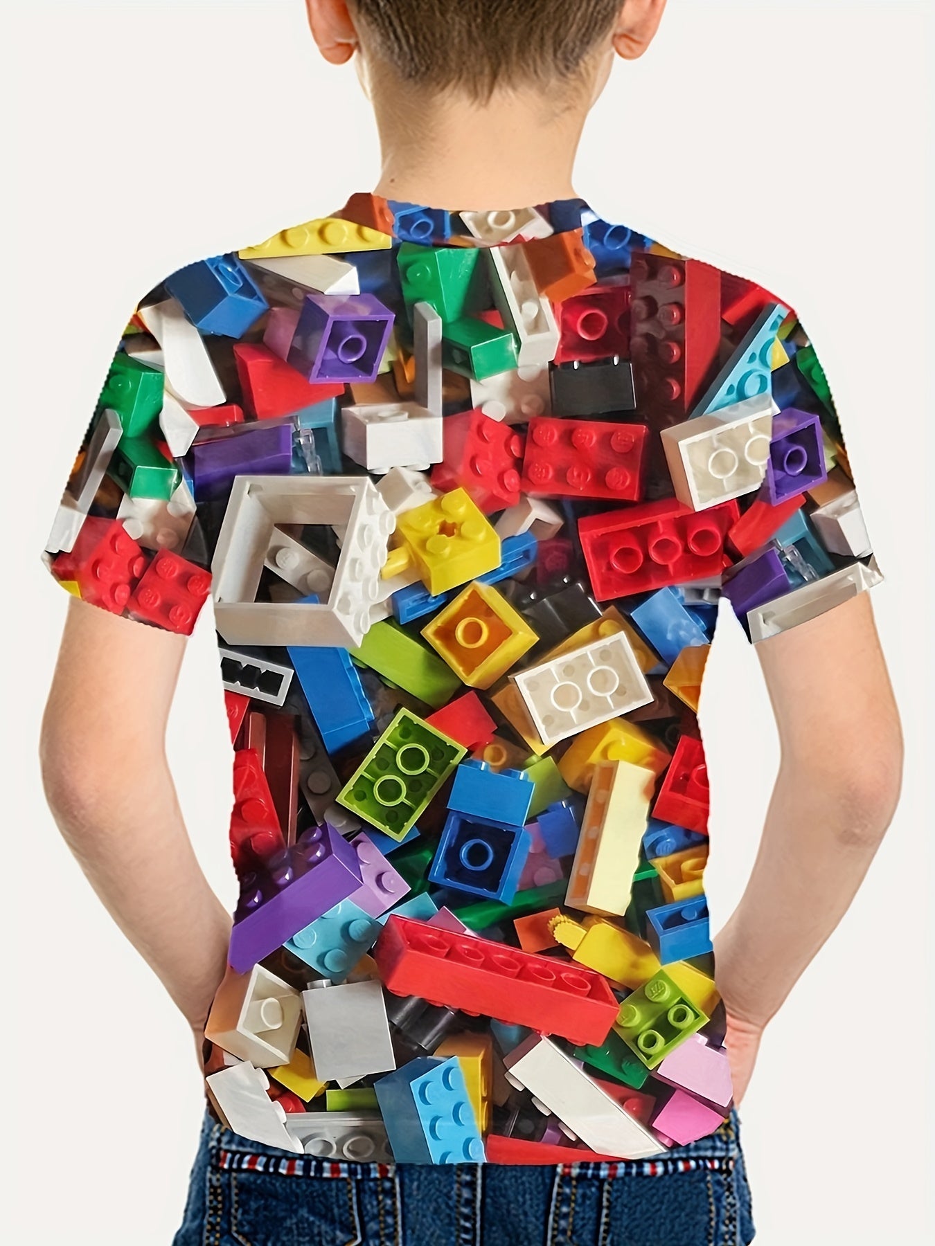 Boy's Short Sleeve Toy Bricks Pattern Full Print Tee,