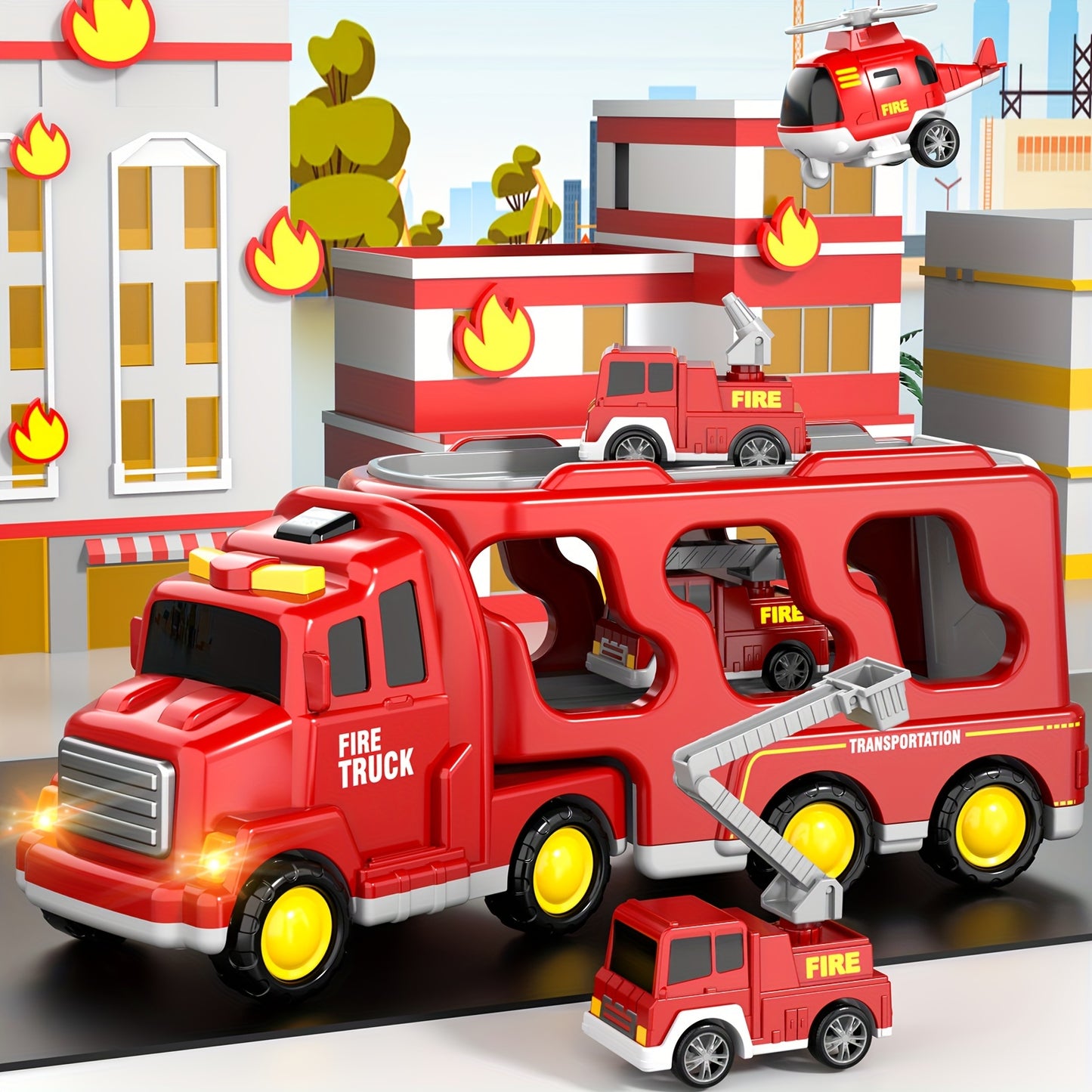 Fire Truck Toys Boys, 5 In 1 Kids Carrier Fire Trucks Cars