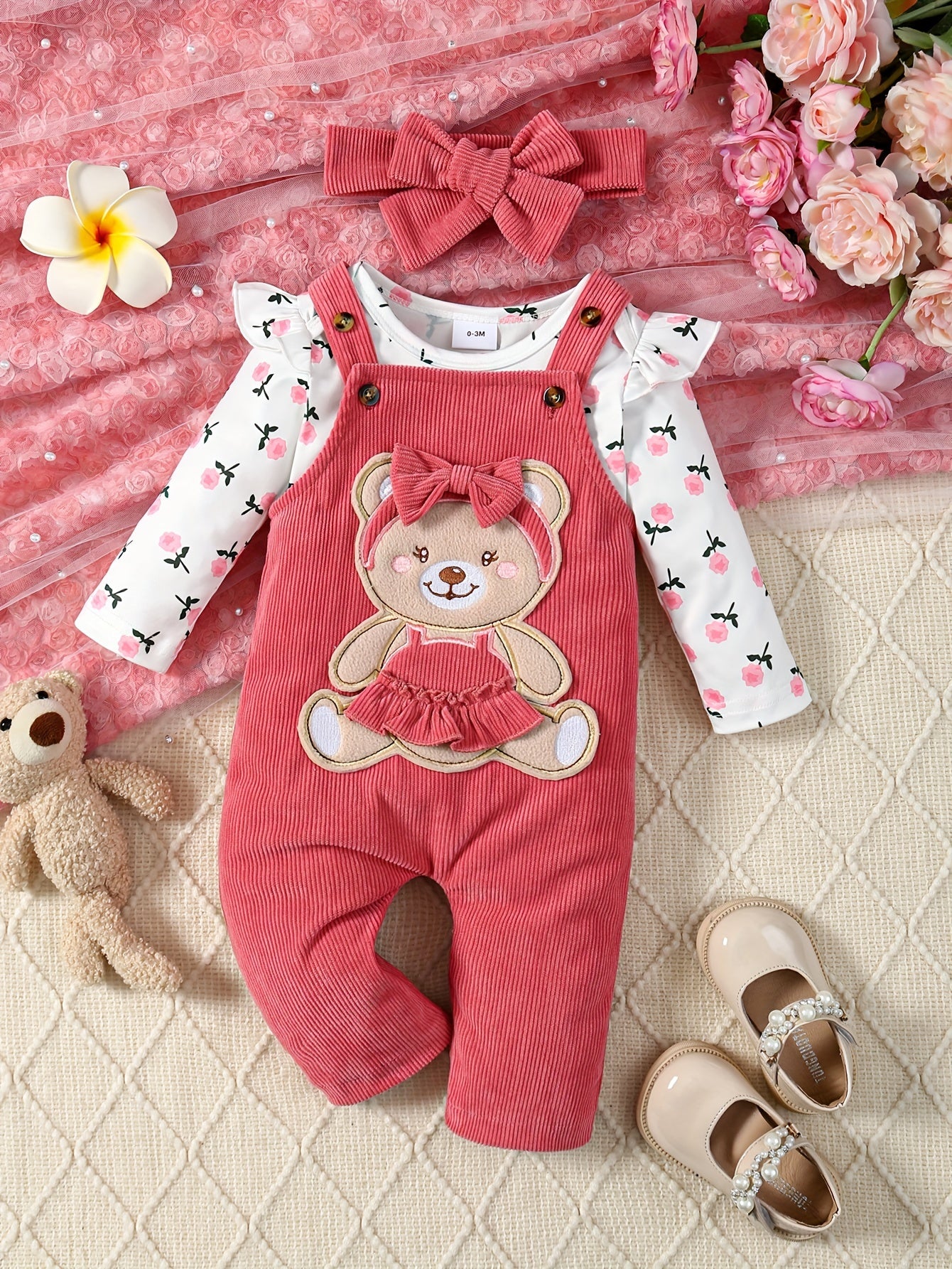 2pcs Corduroy Overalls + Hairband + Floral Bodysuit