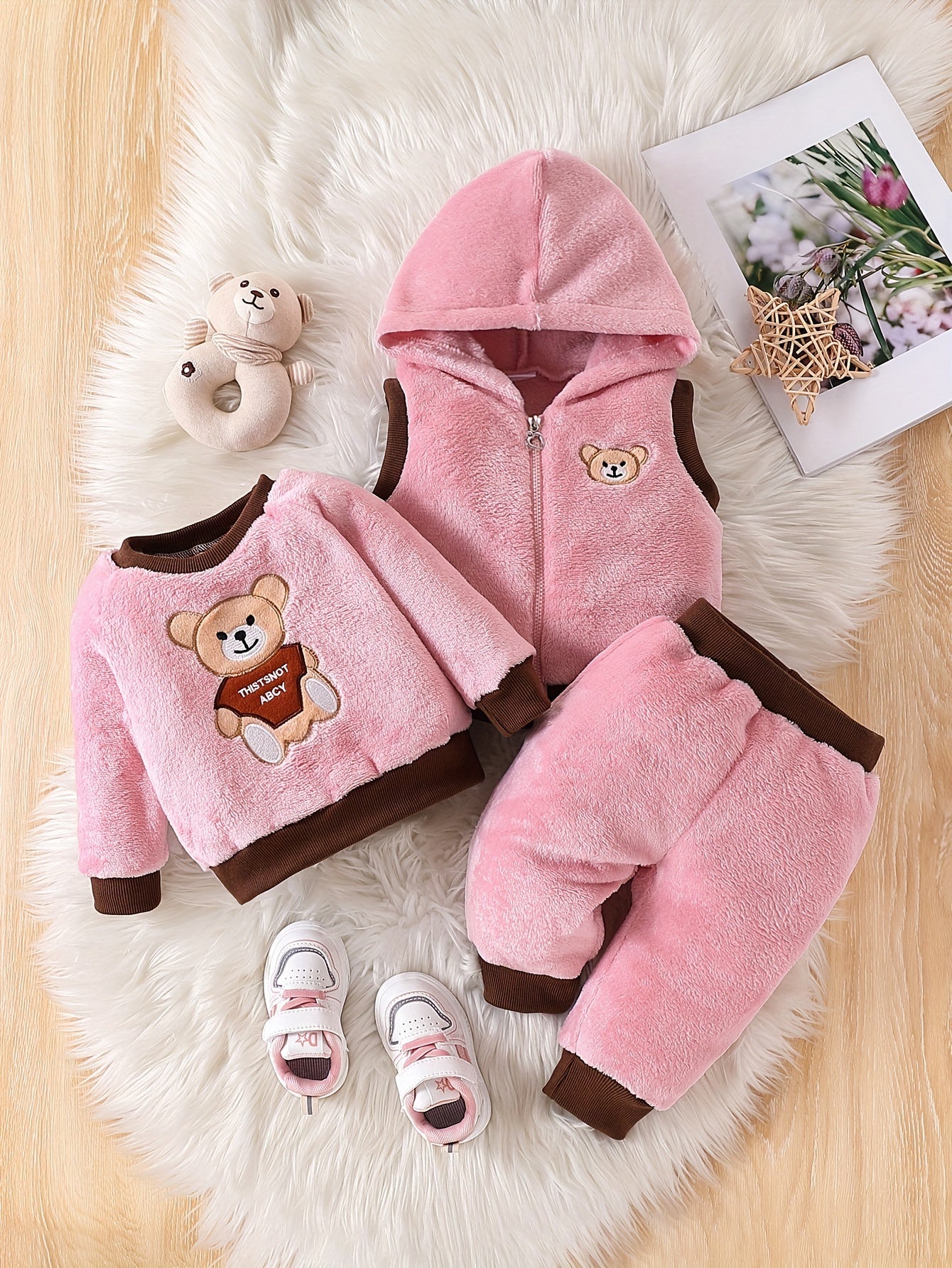 3pcs Embroidered Fleece Outfit, Hooded Vest ,Sweatshirt & Pants