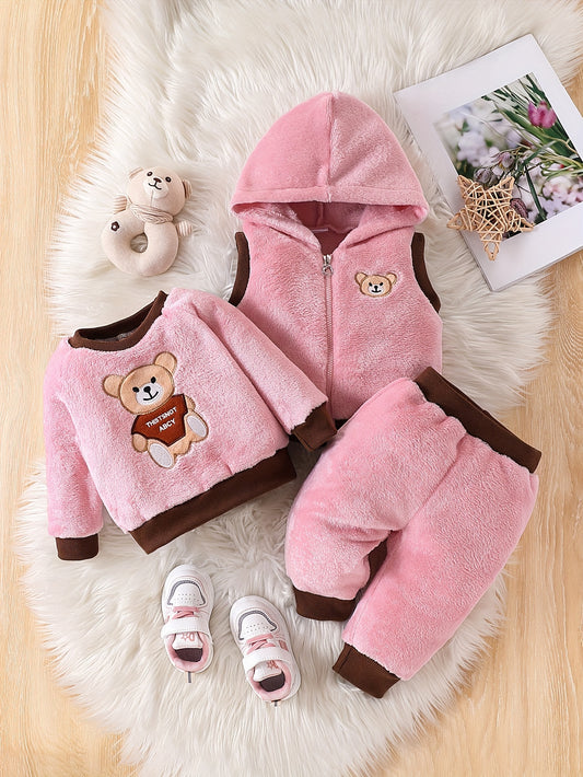 3pcs Embroidered Fleece Outfit, Hooded Vest ,Sweatshirt & Pants