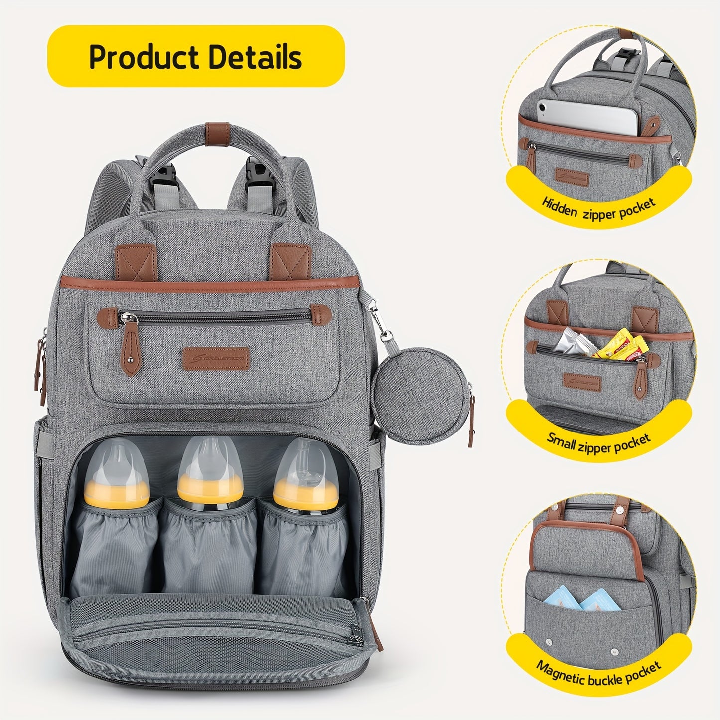 TravelDiaper Bag Backpack with Changing Pad&Stroller Straps & Pacifier Bag