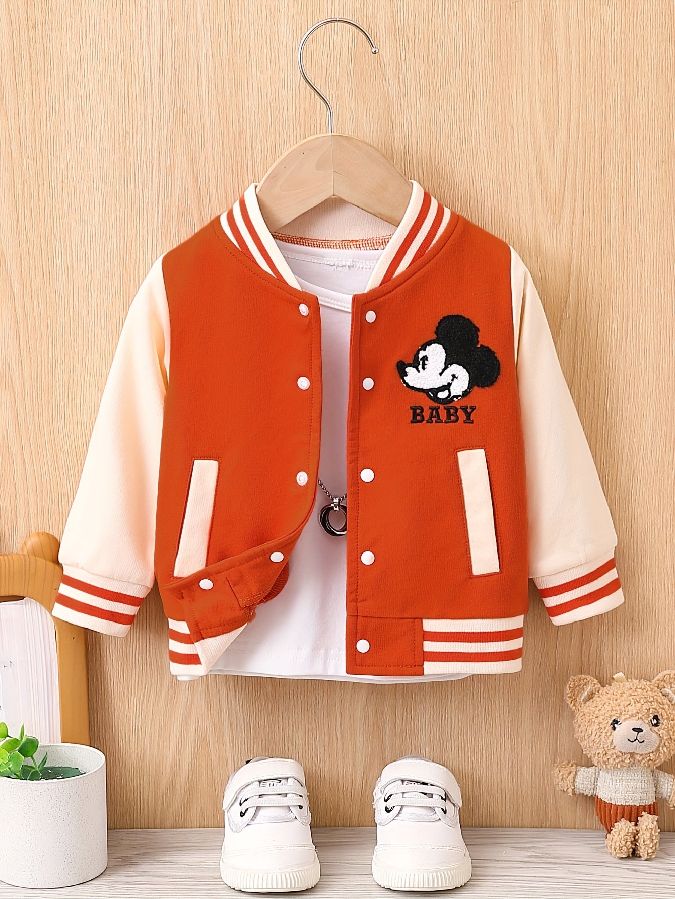 Cartoon Mouse Block Cotton Varsity Jacket,