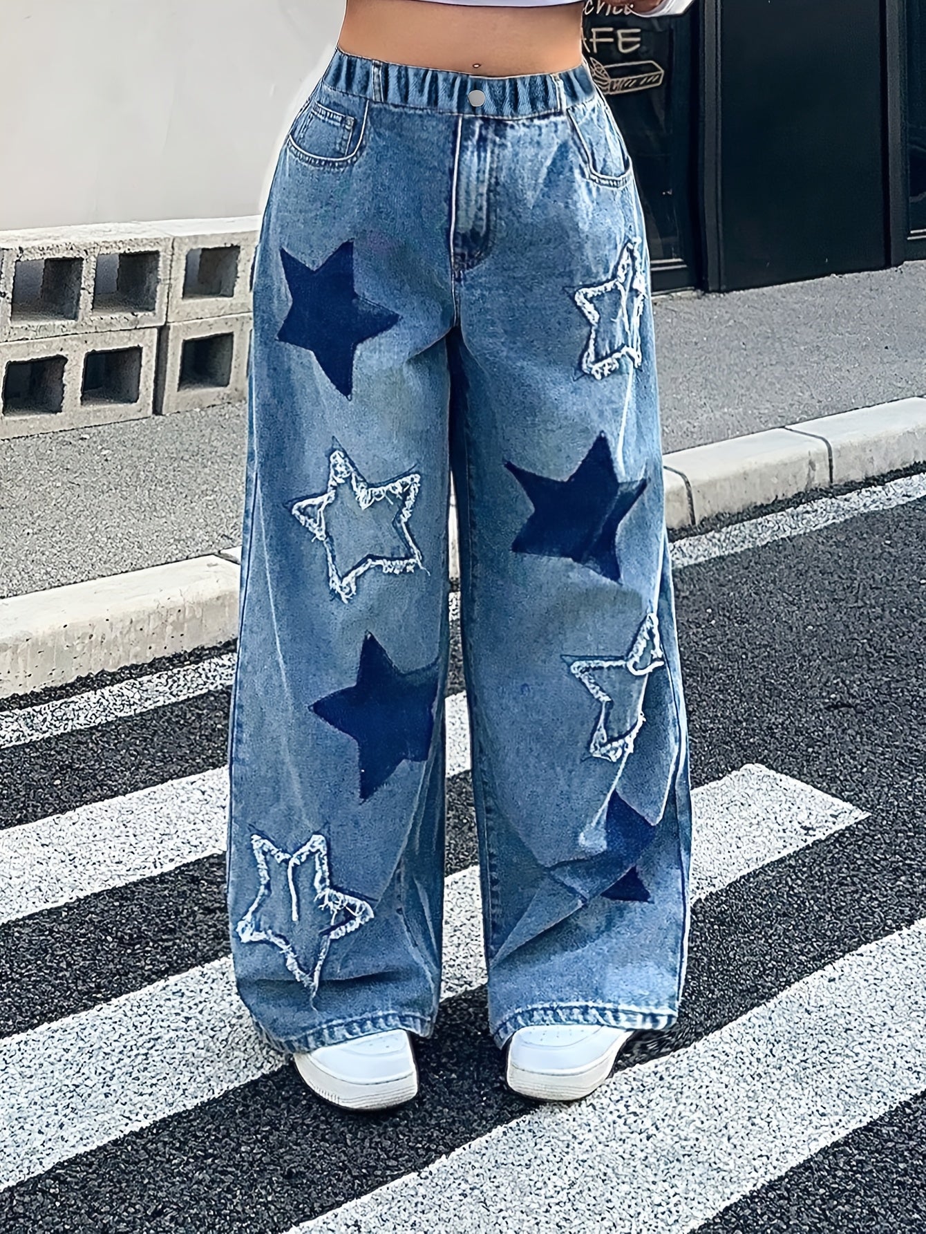 Girls' Y2K Star-Patterned Wide-Leg Jeans