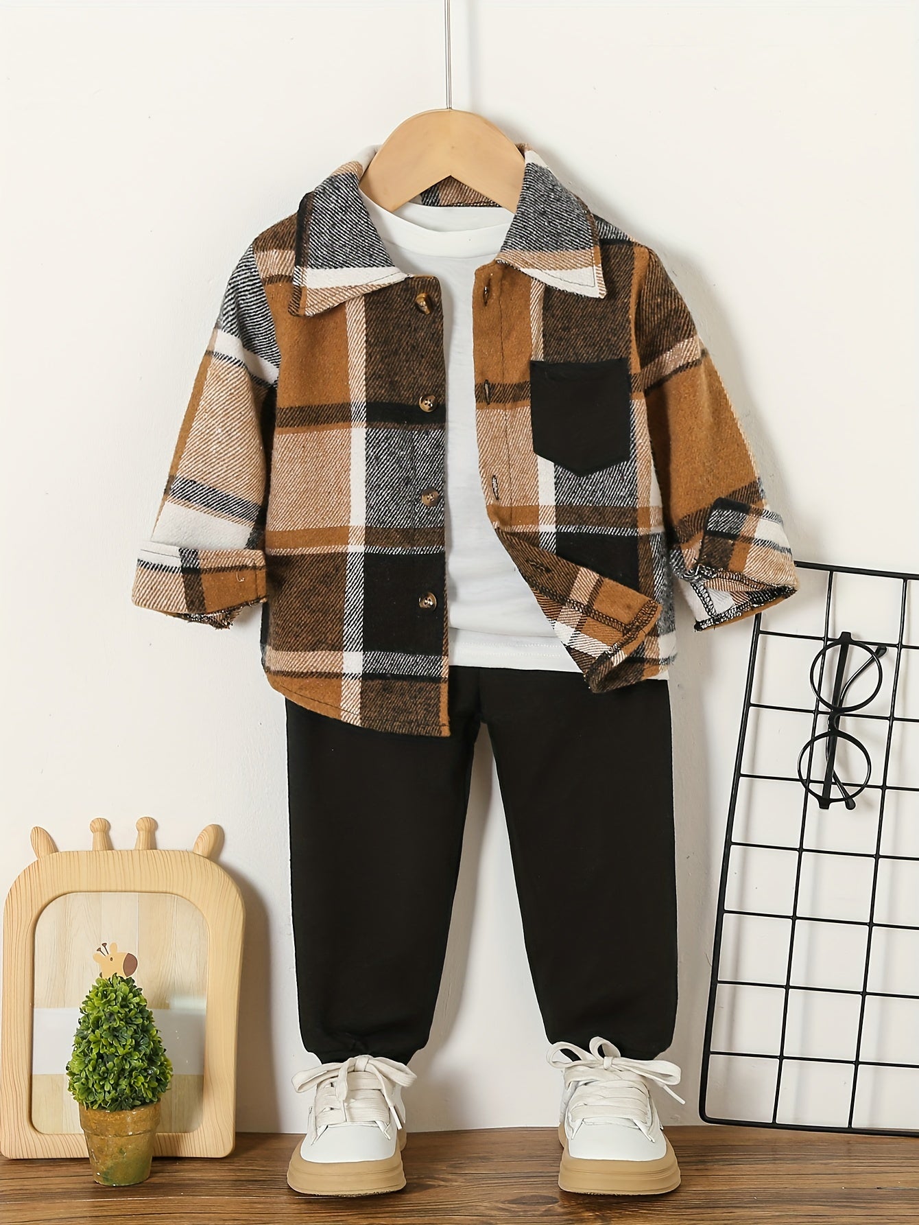 3pcs Outfit Set: Plaid Button-Up Shirt, Long Sleeve Tee & Solid Color Joggers