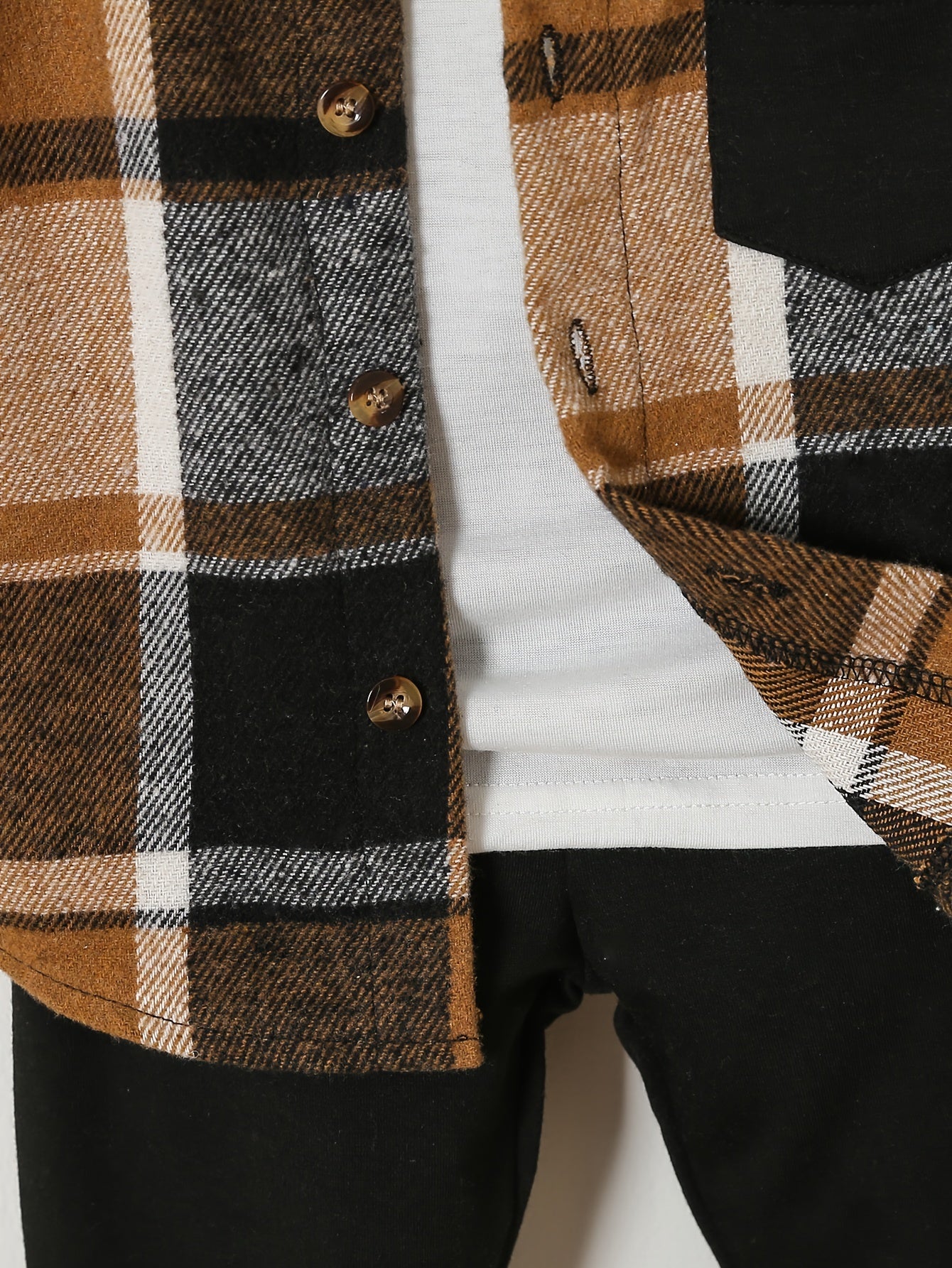 3pcs Outfit Set: Plaid Button-Up Shirt, Long Sleeve Tee & Solid Color Joggers
