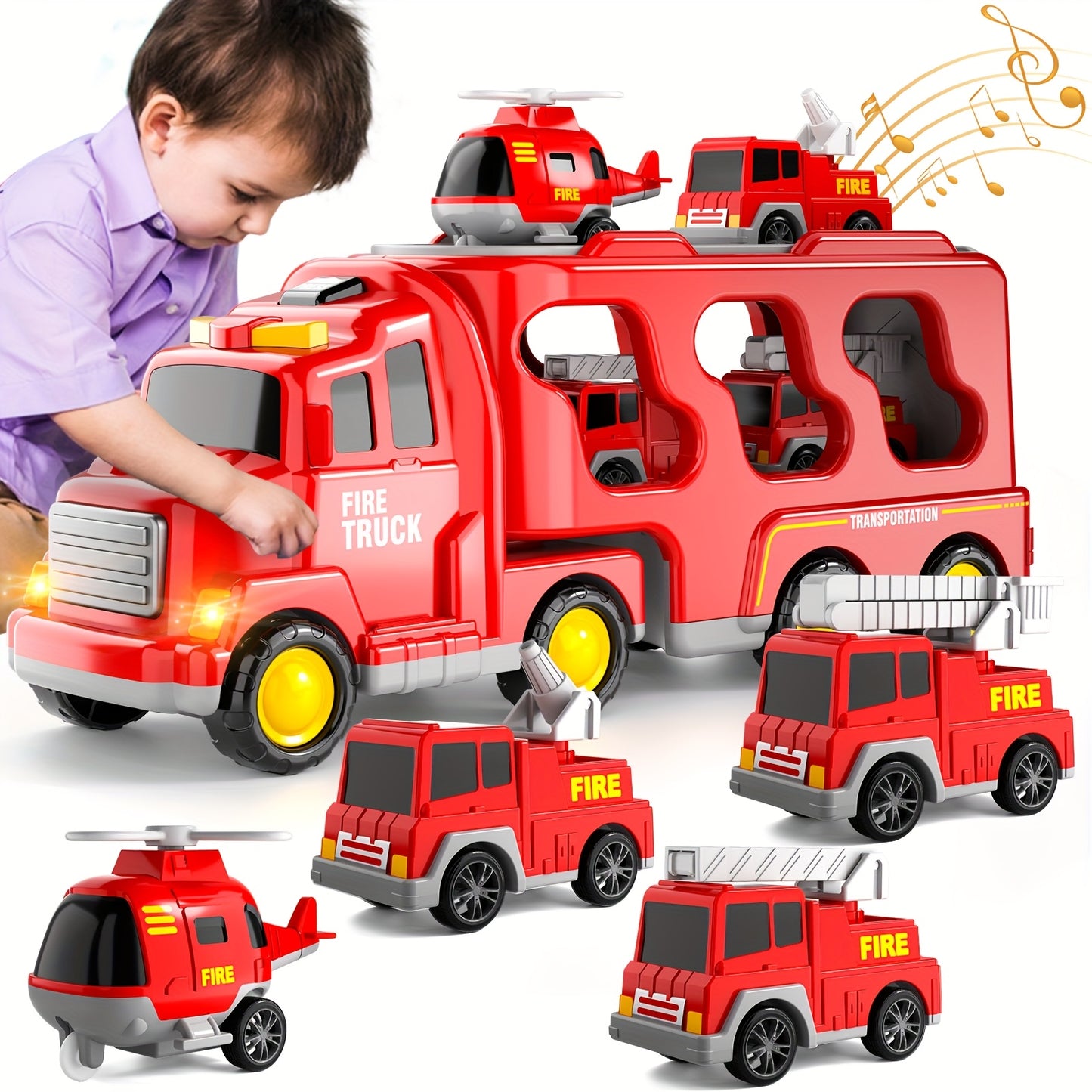 Fire Truck Toys Boys, 5 In 1 Kids Carrier Fire Trucks Cars