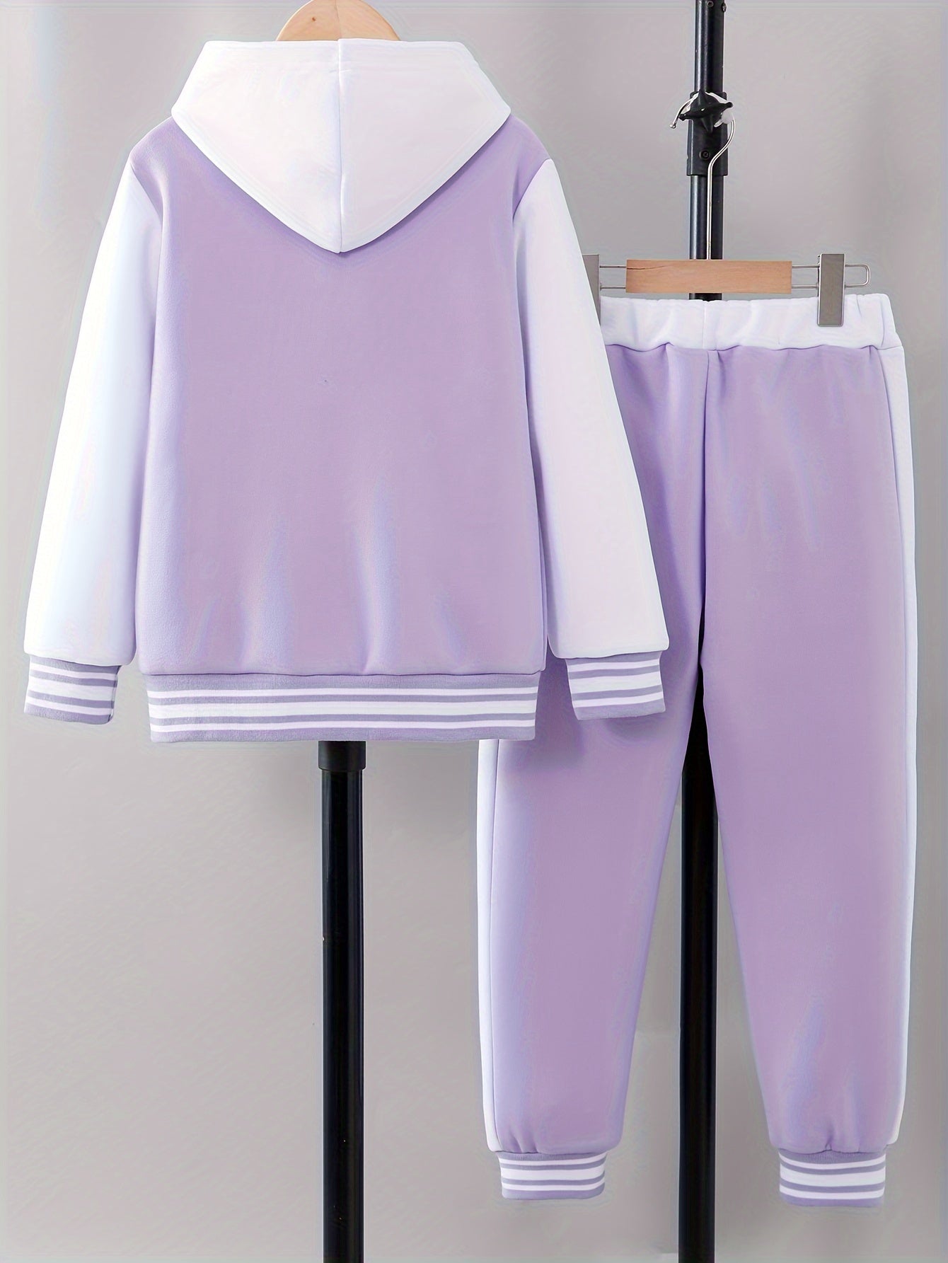 'NY' Letter Print Girl's Preppy Outfit, Color Block Hooded Varsity Jacket + Sweatpants Set