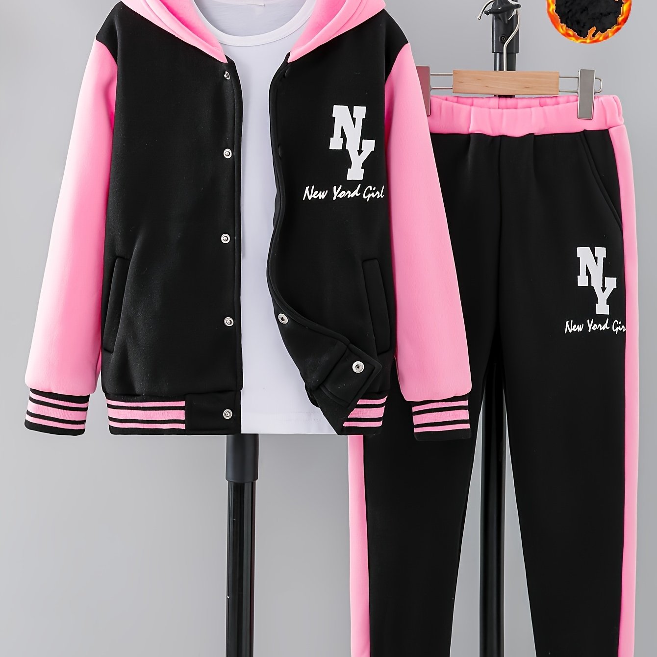 'NY' Letter Print Girl's Preppy Outfit, Color Block Hooded Varsity Jacket + Sweatpants Set