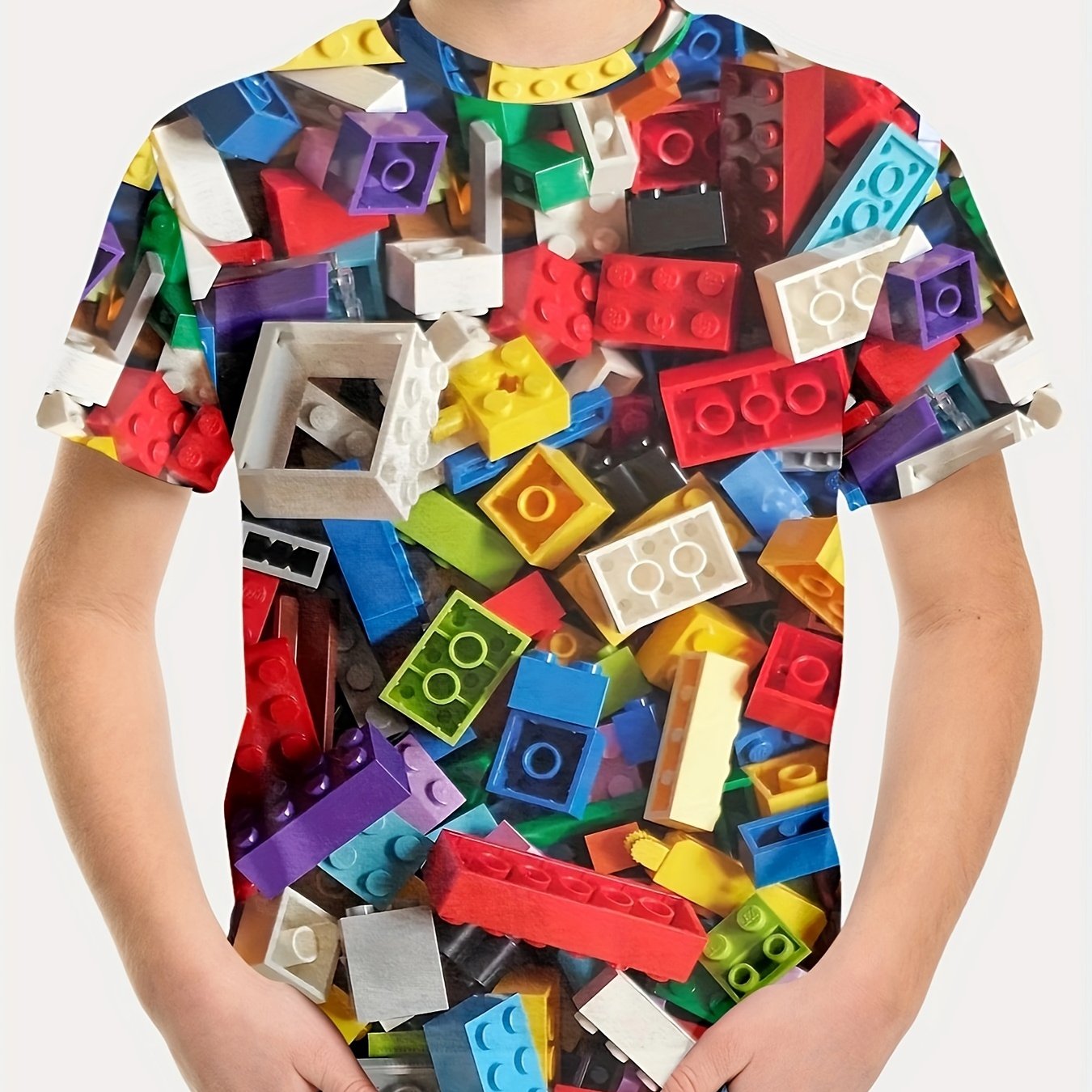 Boy's Short Sleeve Toy Bricks Pattern Full Print Tee,