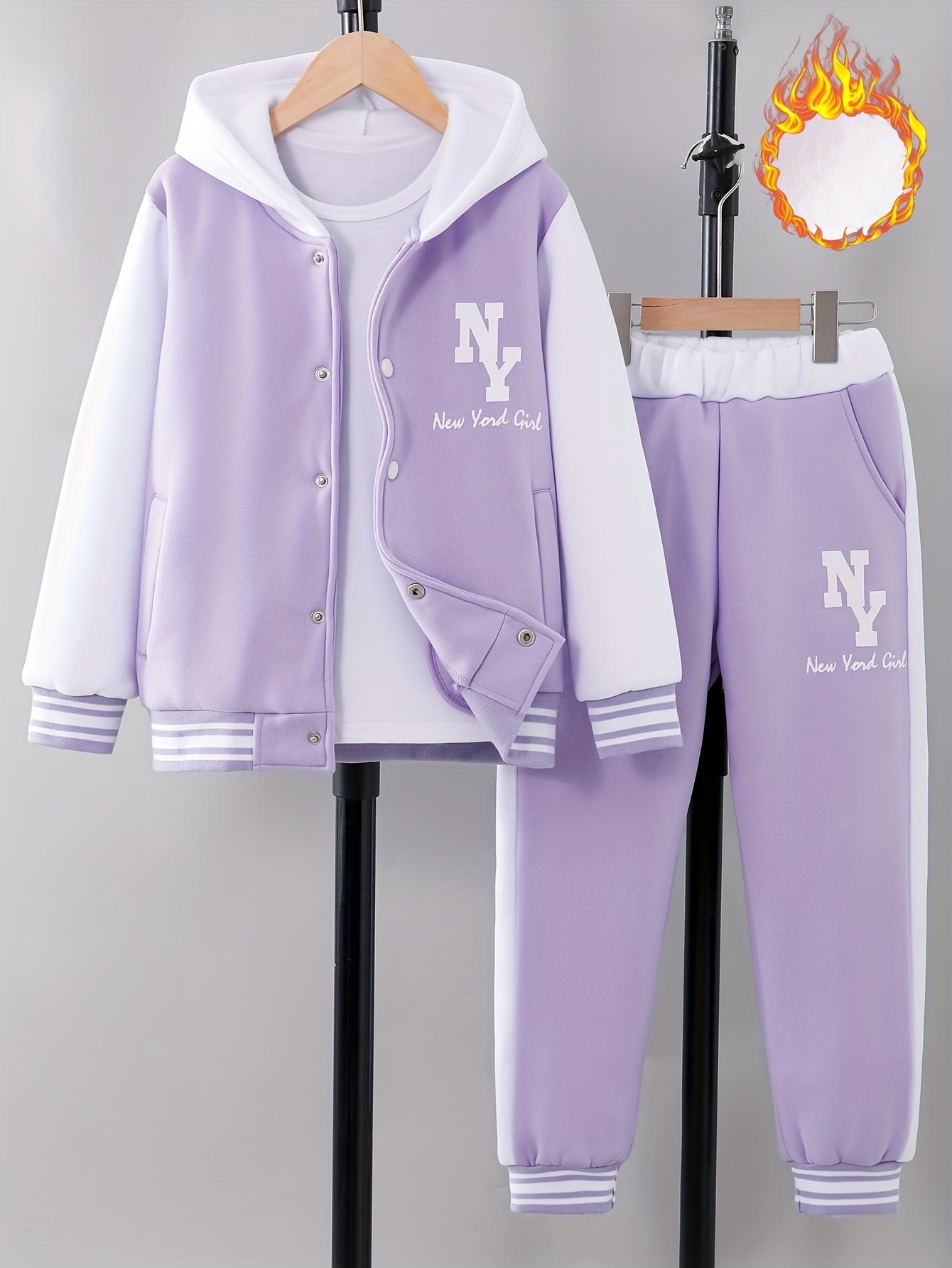 'NY' Letter Print Girl's Preppy Outfit, Color Block Hooded Varsity Jacket + Sweatpants Set