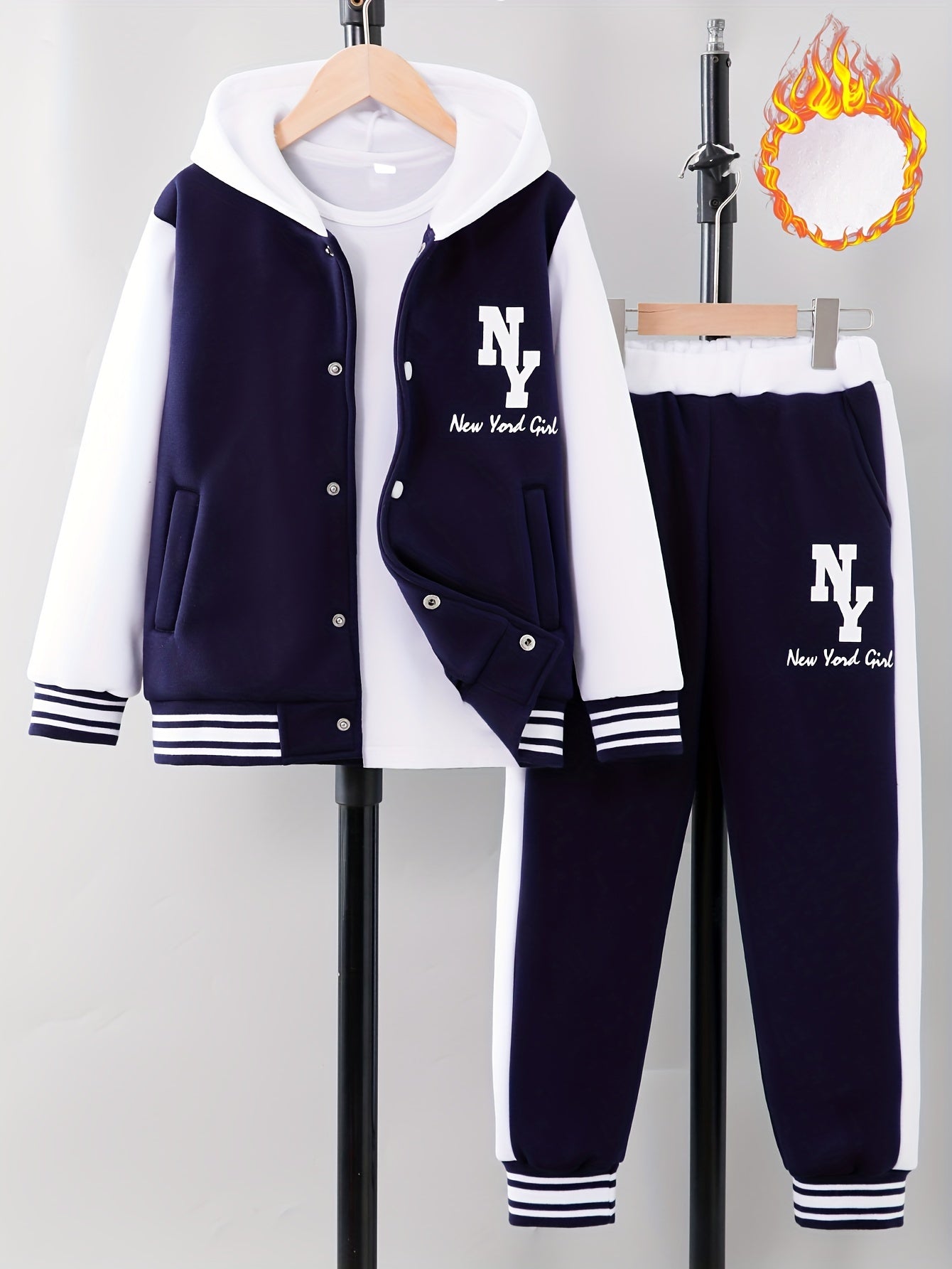 'NY' Letter Print Girl's Preppy Outfit, Color Block Hooded Varsity Jacket + Sweatpants Set
