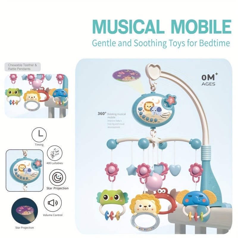 Remote Control,Musical Crib Mobile With Night Lights, Rotating Animals Rattles, Stars Projection