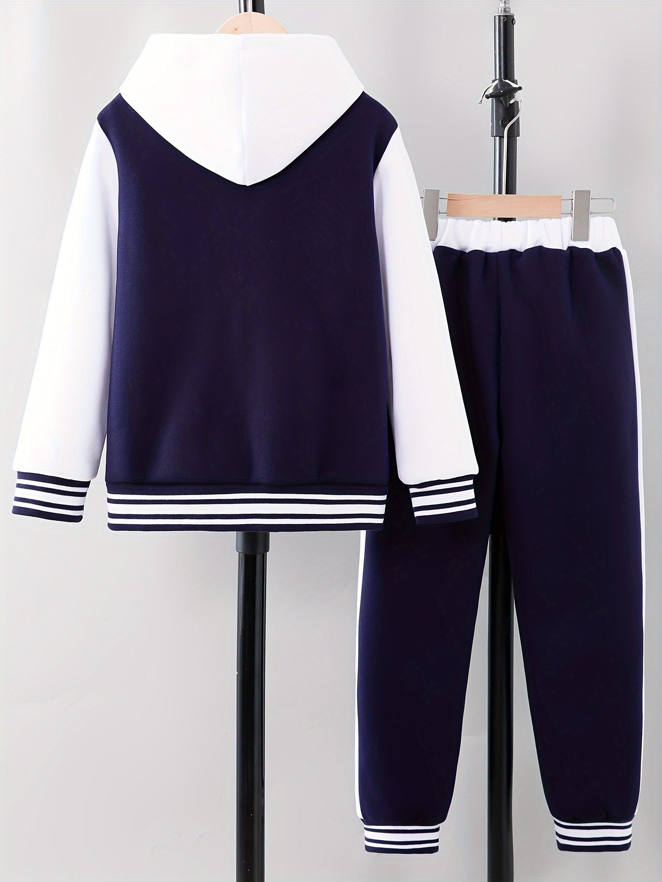 'NY' Letter Print Girl's Preppy Outfit, Color Block Hooded Varsity Jacket + Sweatpants Set