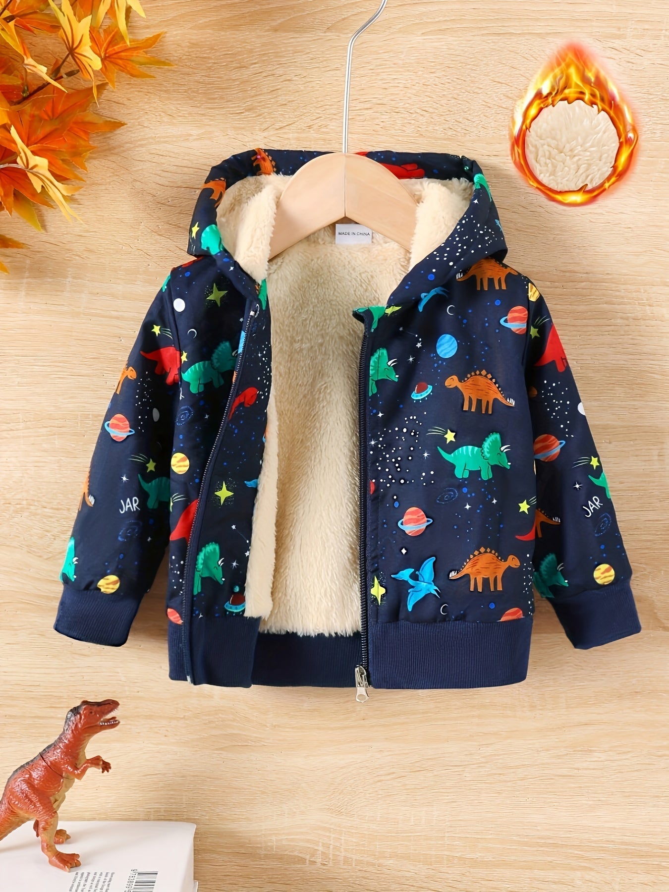 Baby's Dinosaur Pattern Warm Fuzzy Jacket, Zip Up