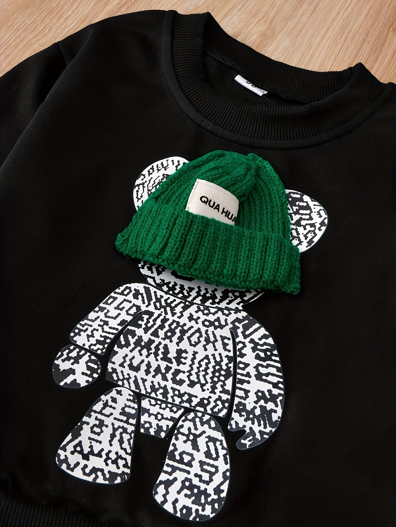 2pcs Boy's Cartoon Bear Decor Long Sleeve Pullover + Patched Pants