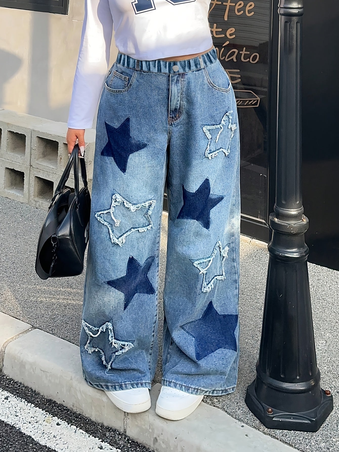 Girls' Y2K Star-Patterned Wide-Leg Jeans