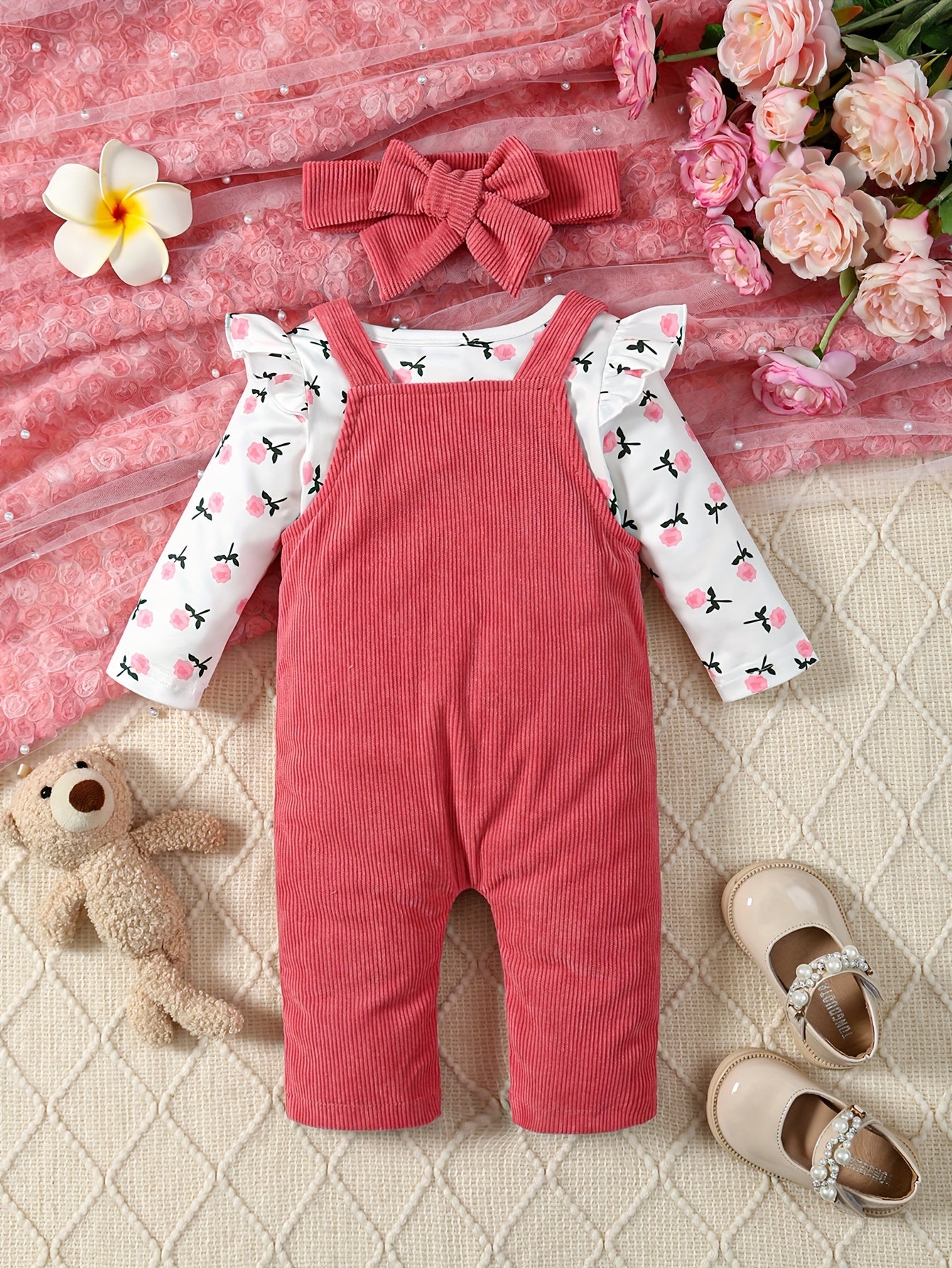 2pcs Corduroy Overalls + Hairband + Floral Bodysuit