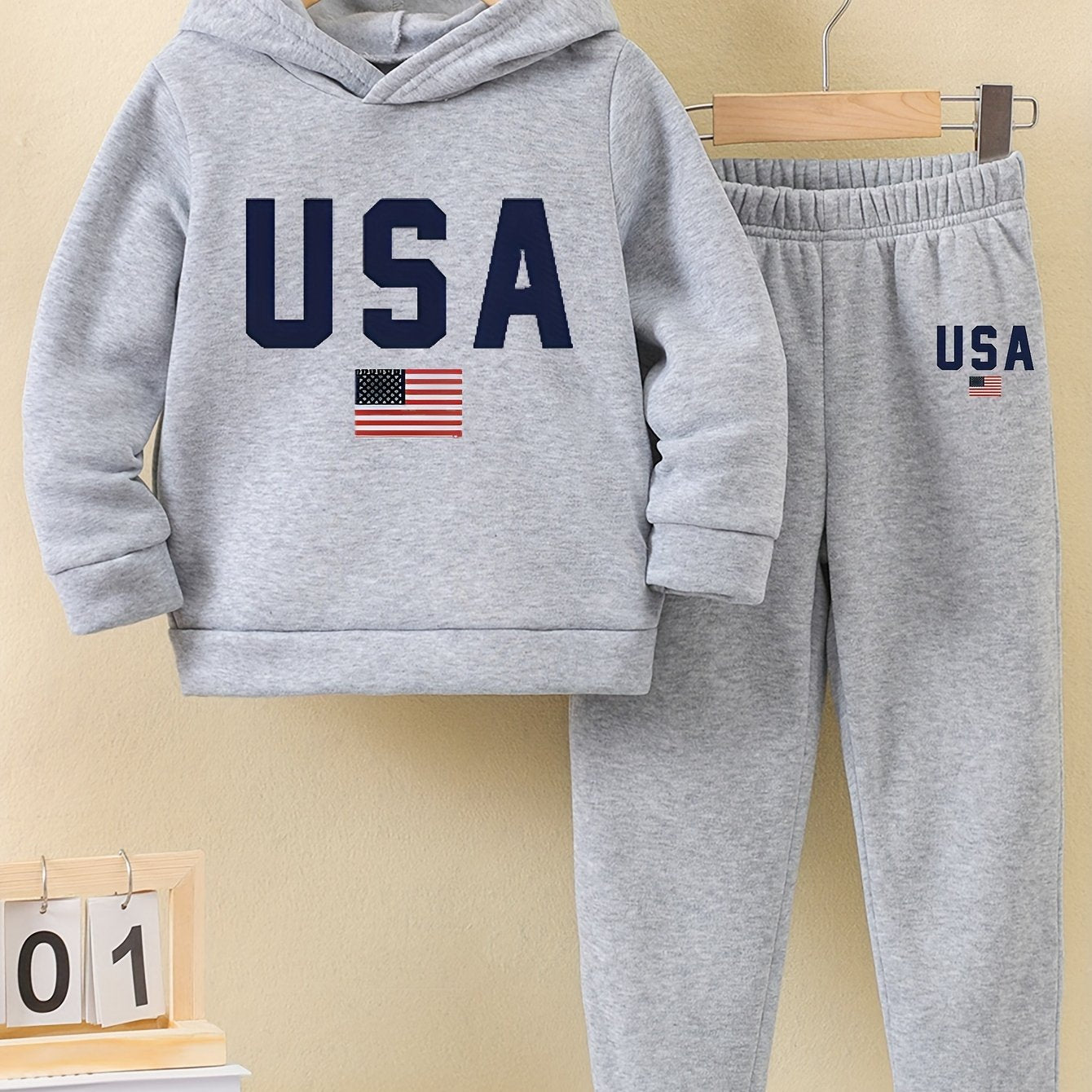 Boys' Pattern Printed Warm Lined Hoodie and Sweatpants
