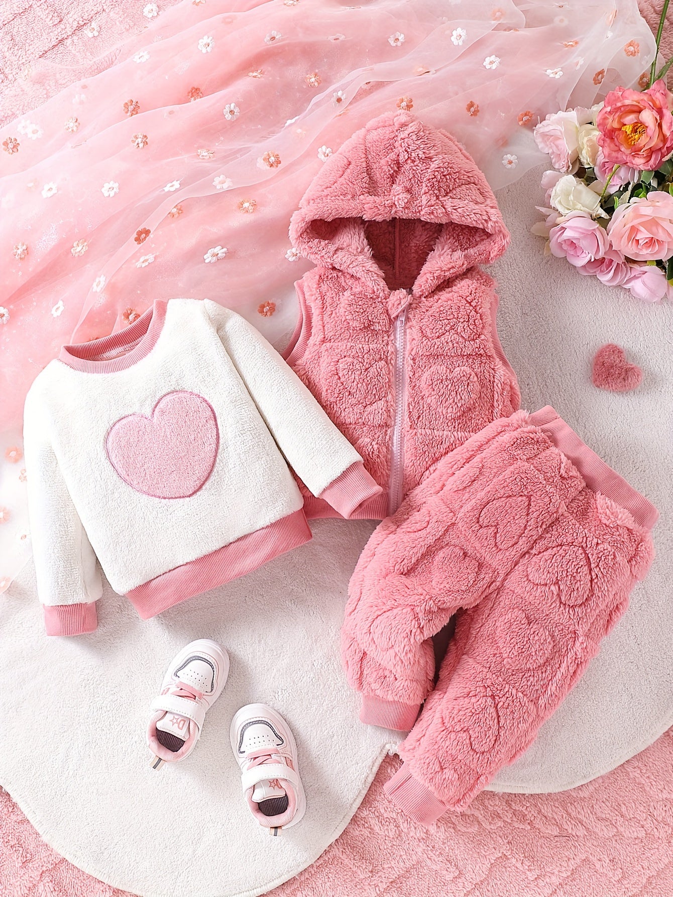 3pcs set of girls love plush hooded vest, love plush hooded top and cuffed trousers