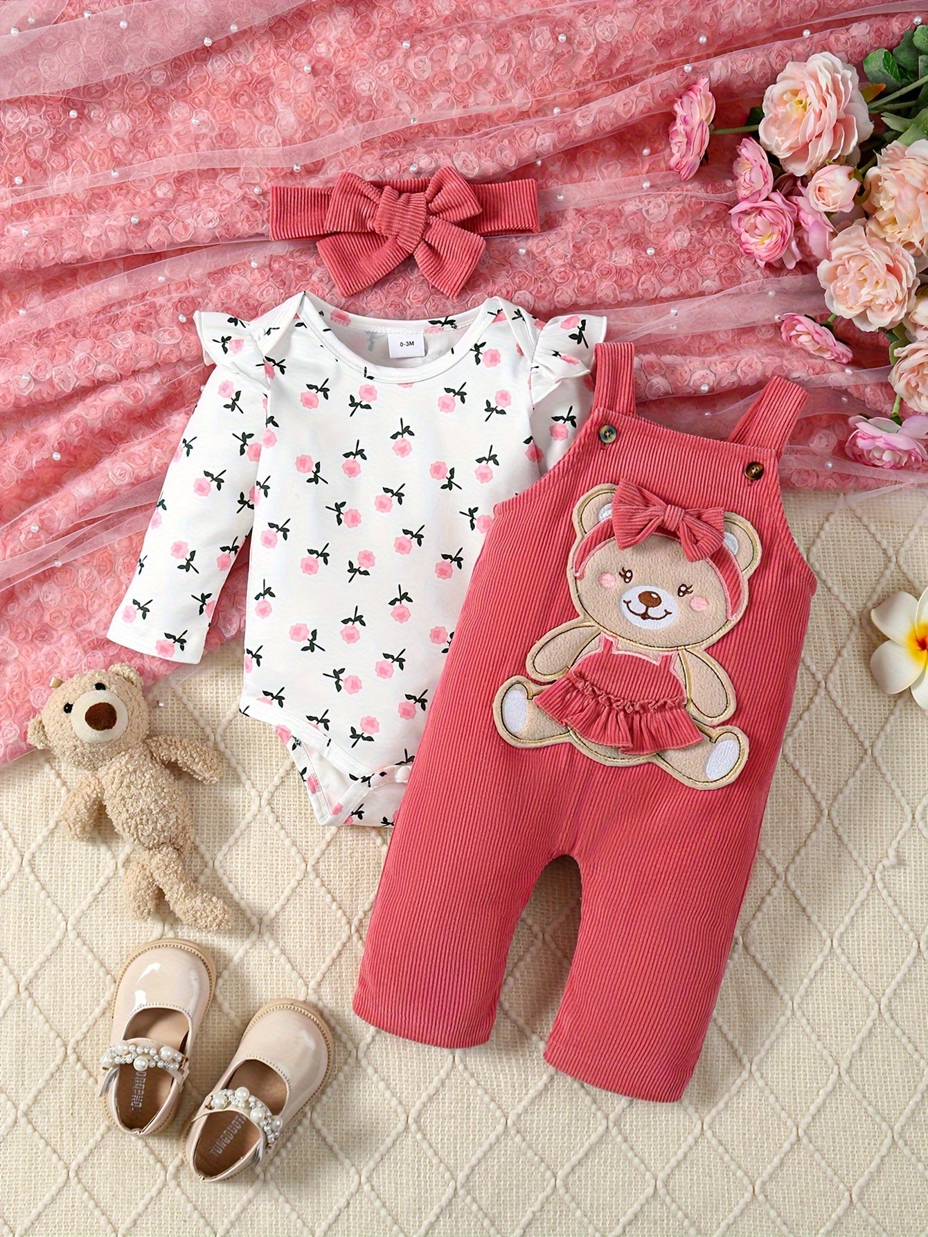 2pcs Corduroy Overalls + Hairband + Floral Bodysuit