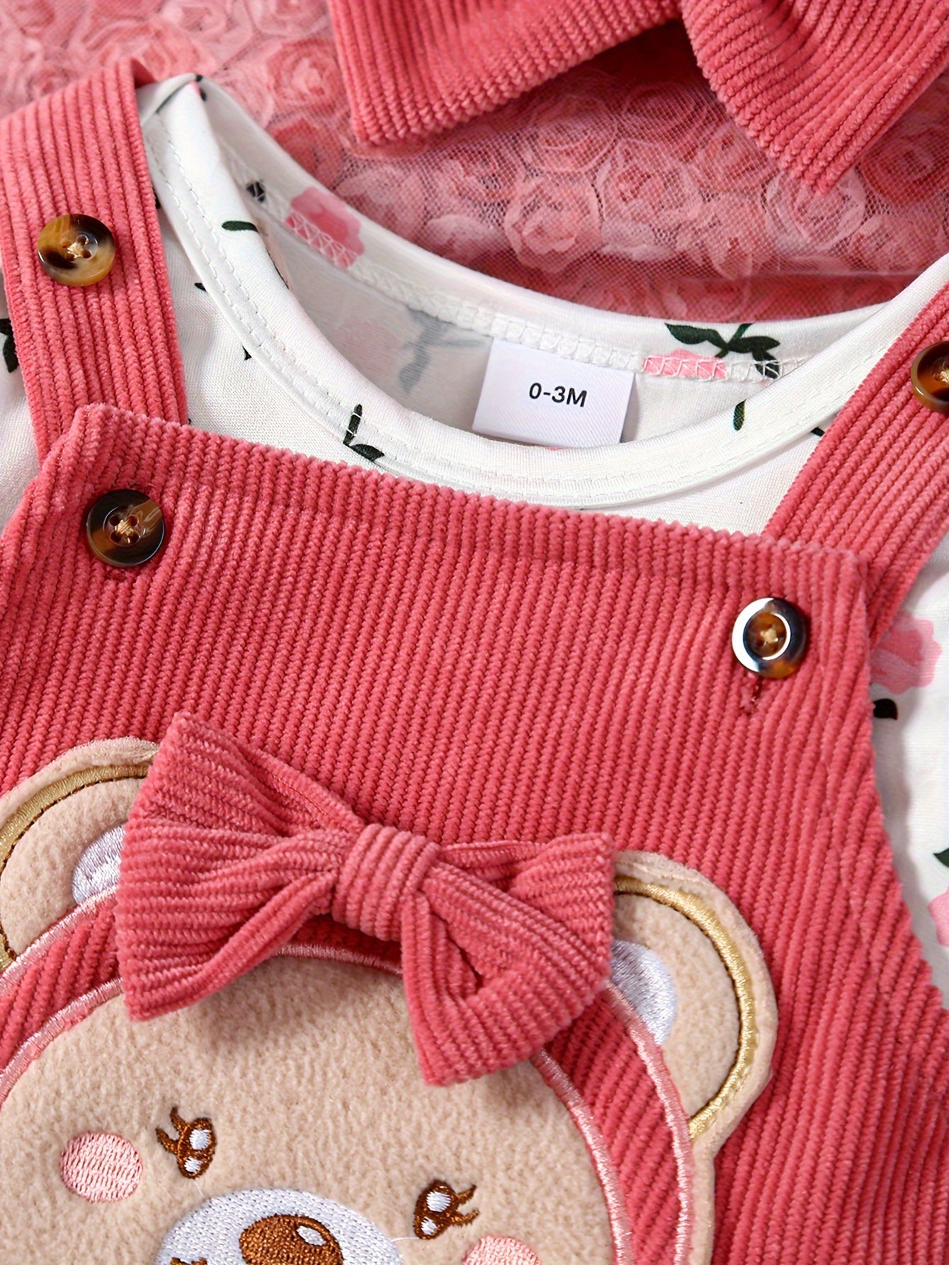 2pcs Corduroy Overalls + Hairband + Floral Bodysuit