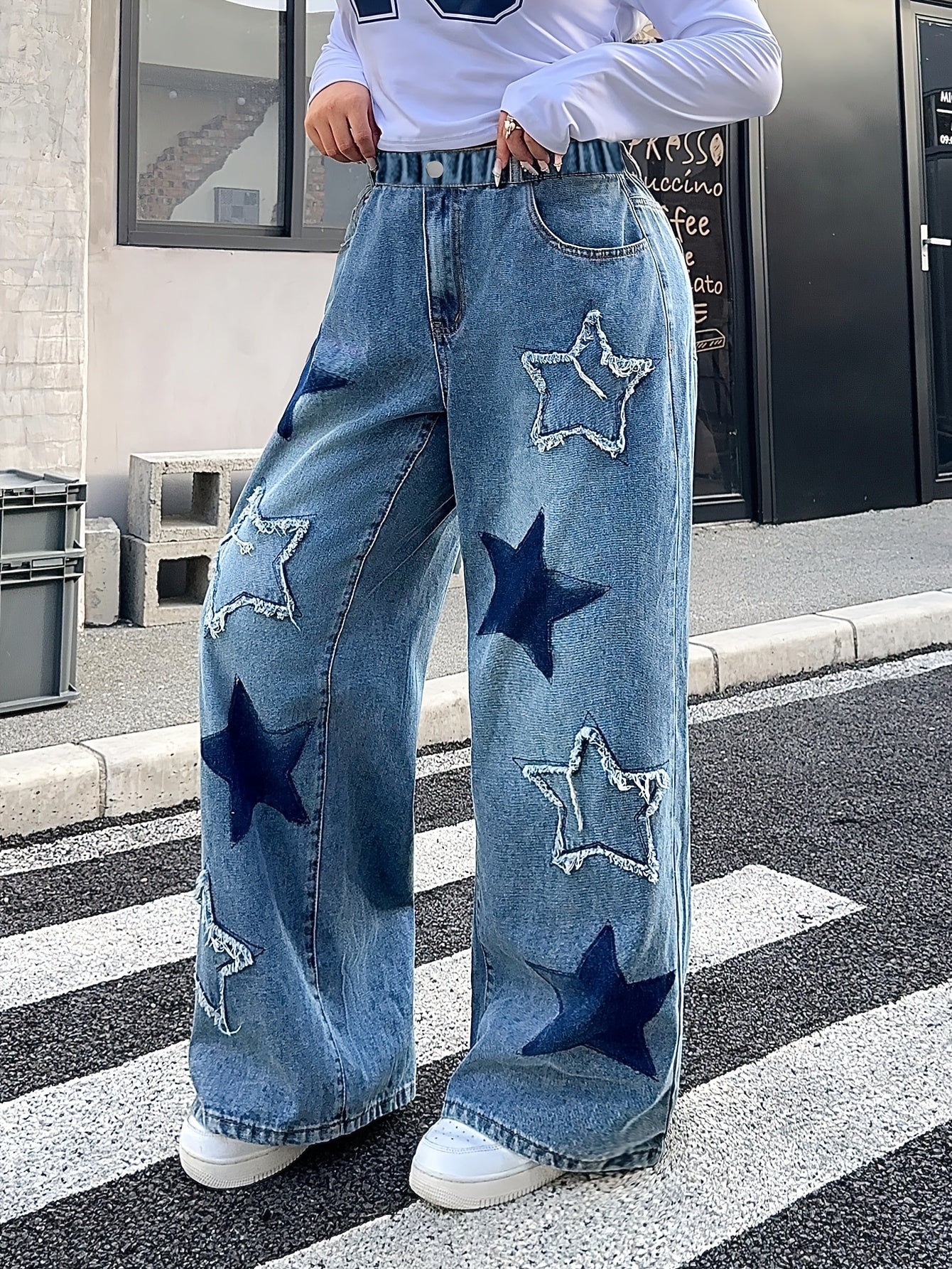 Girls' Y2K Star-Patterned Wide-Leg Jeans