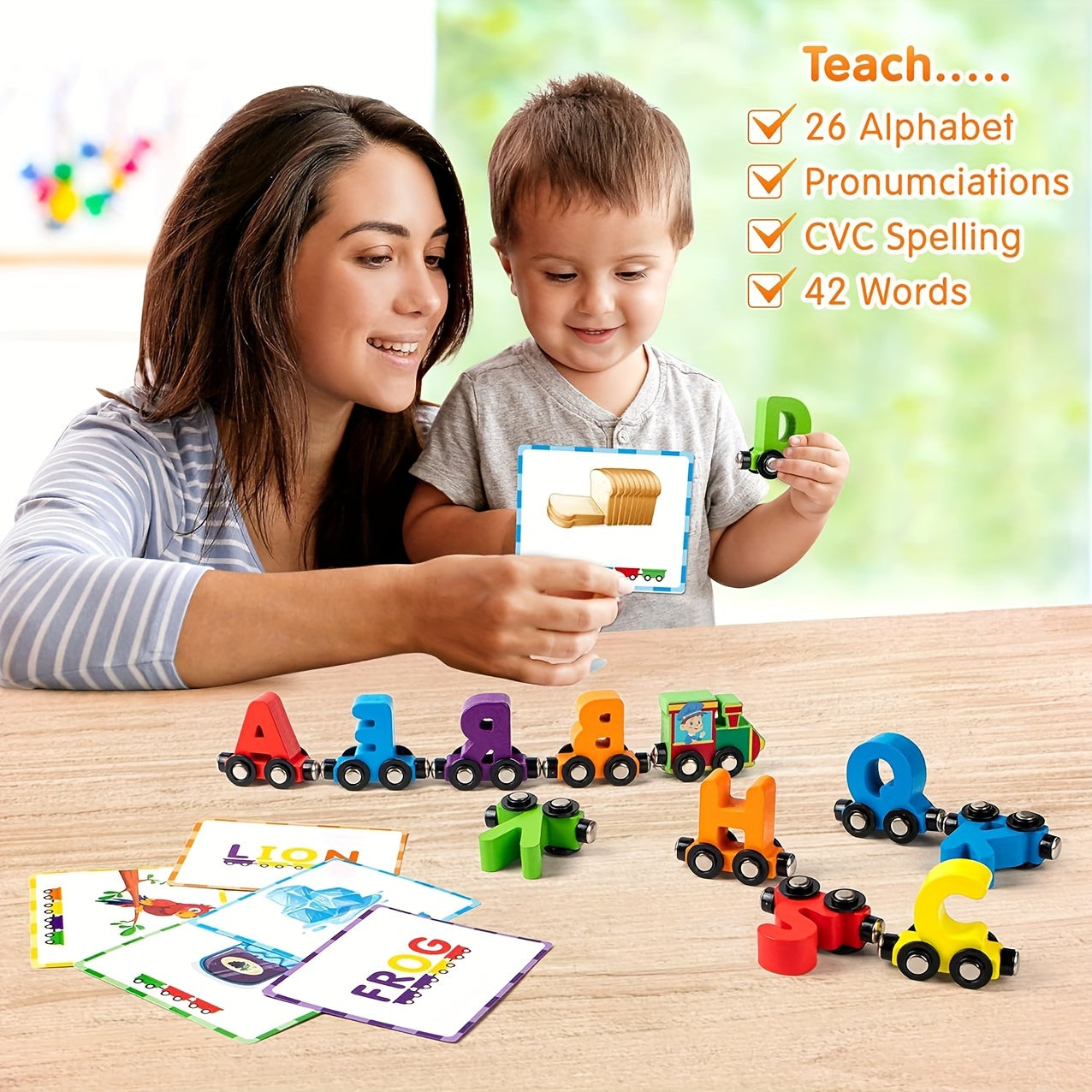 27 PCS Magnetic Wooden Alphabet Train Sets | ABC Letter Learning Toy Trains