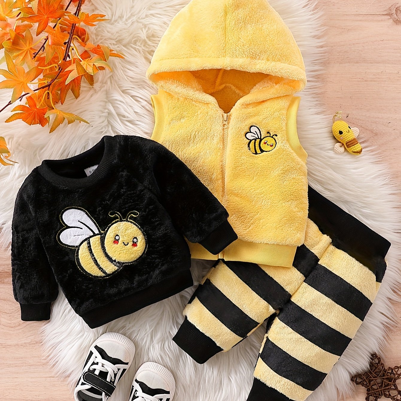 3pcs Baby's Warm Fuzzy Sweatshirt & Hooded Vest & Casual Striped Pants