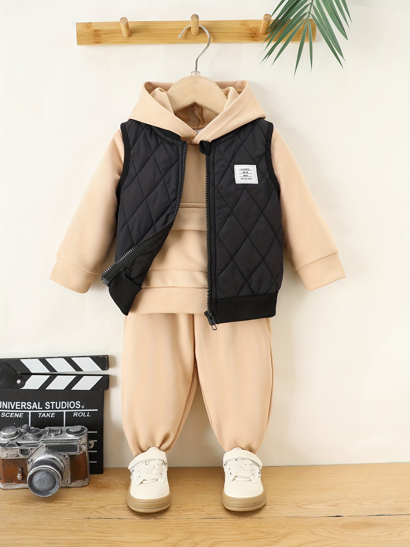 3pcs Fleece Outfit, Hooded Vest & Sweatshirt & Pants