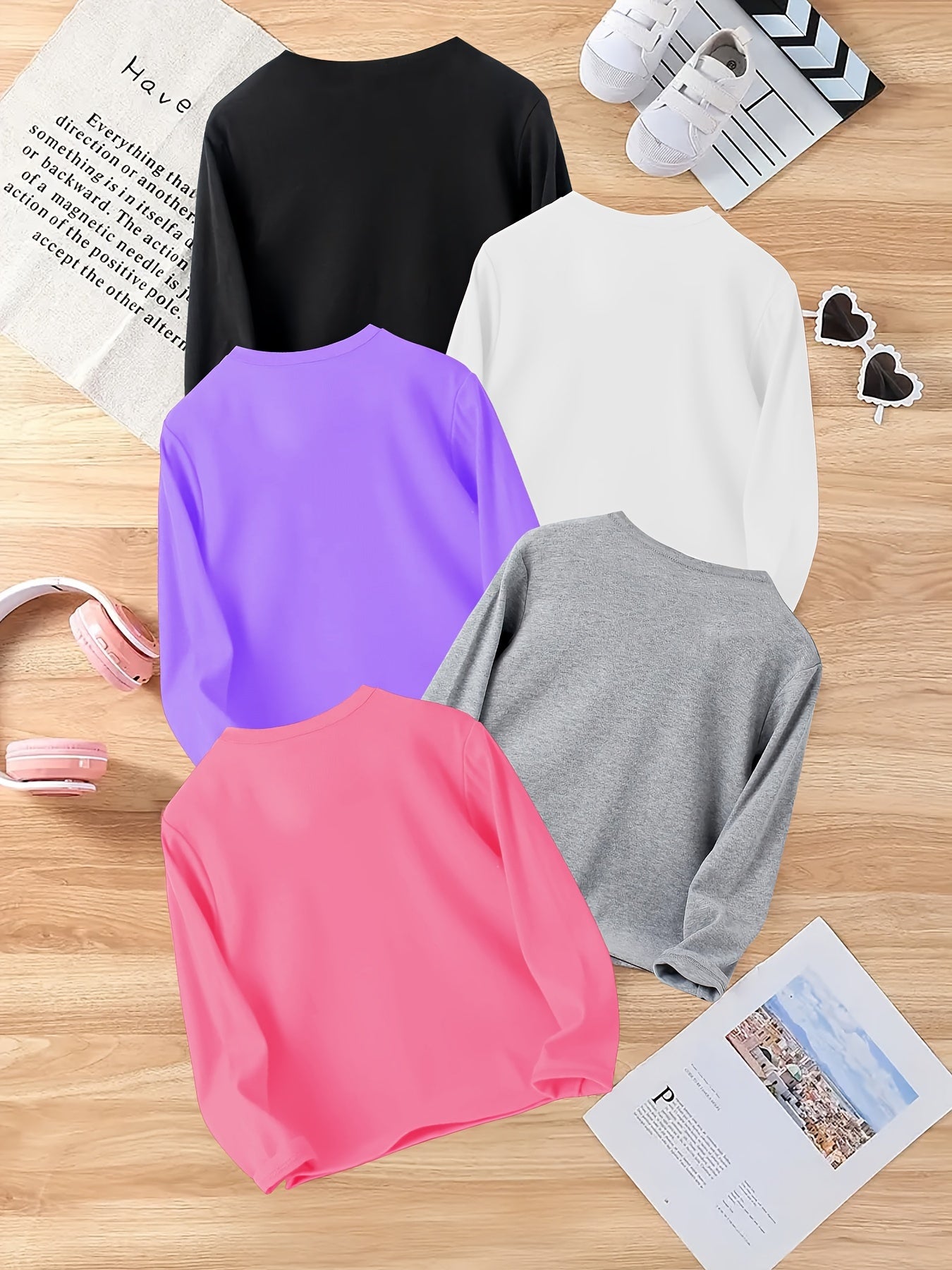 5pcs Girls' Print Long Sleeve Tops -