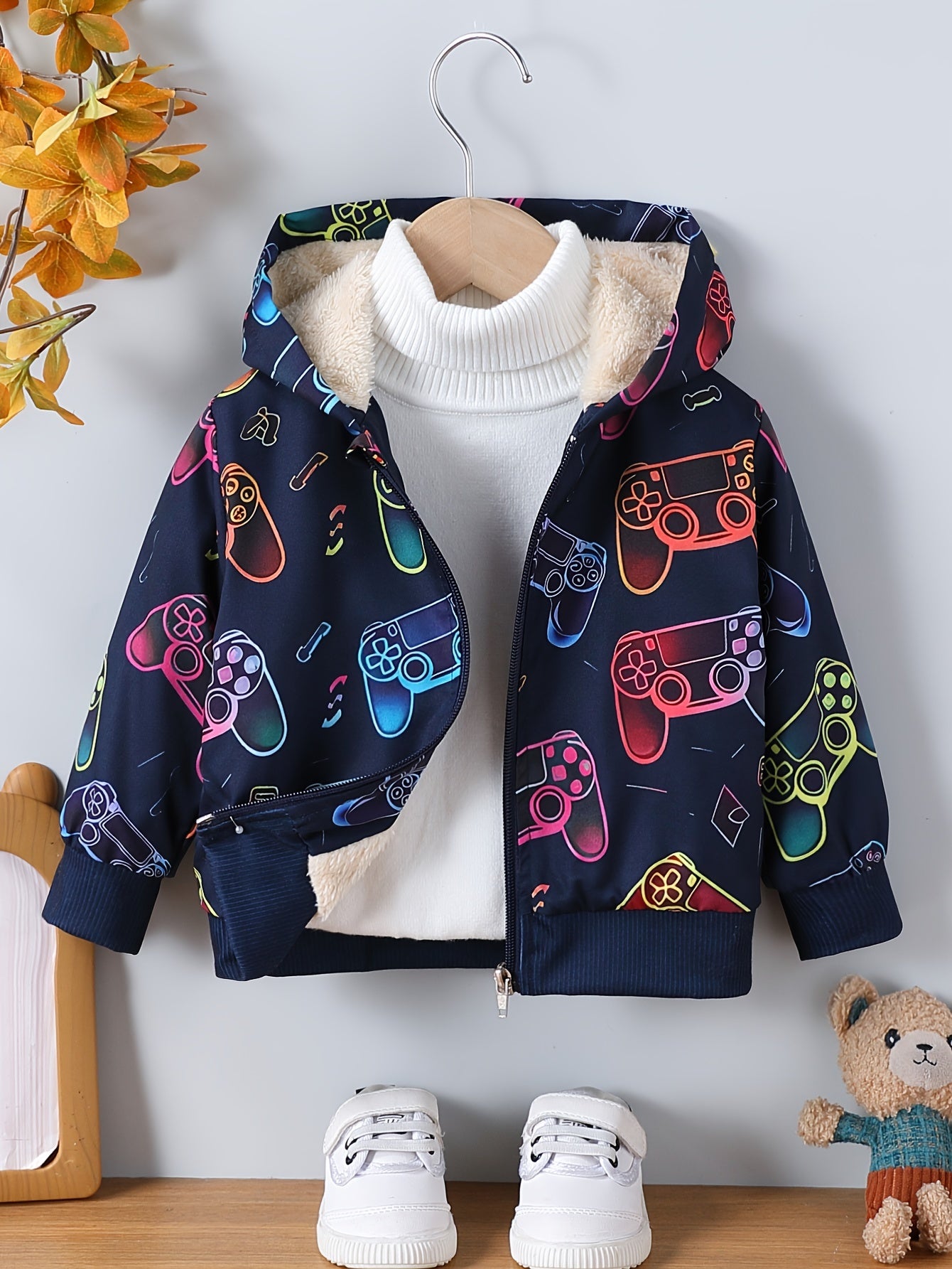 Baby's Dinosaur Pattern Warm Fuzzy Jacket, Zip Up