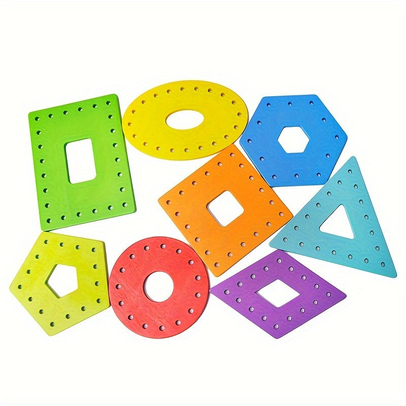 Wooden Threading Geometric Shape Colorful Lacing Boards,