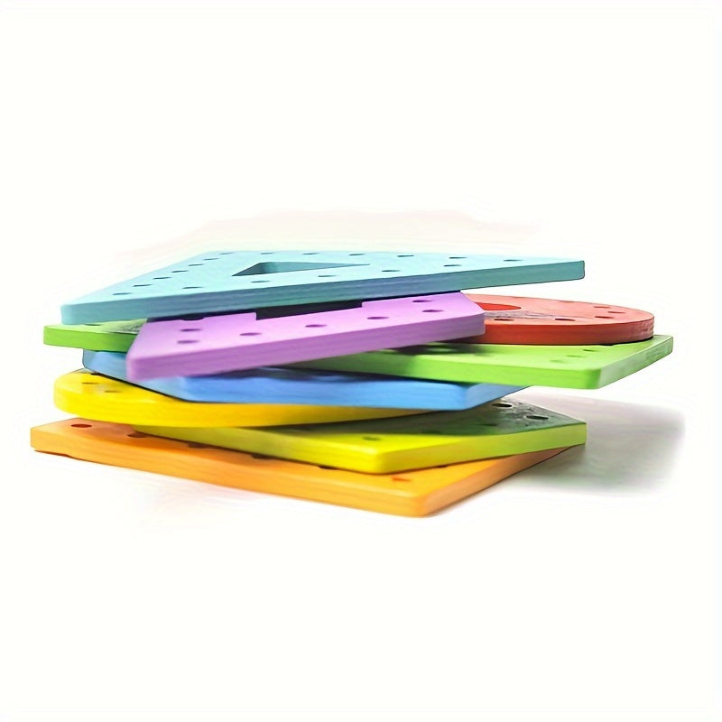 Wooden Threading Geometric Shape Colorful Lacing Boards,