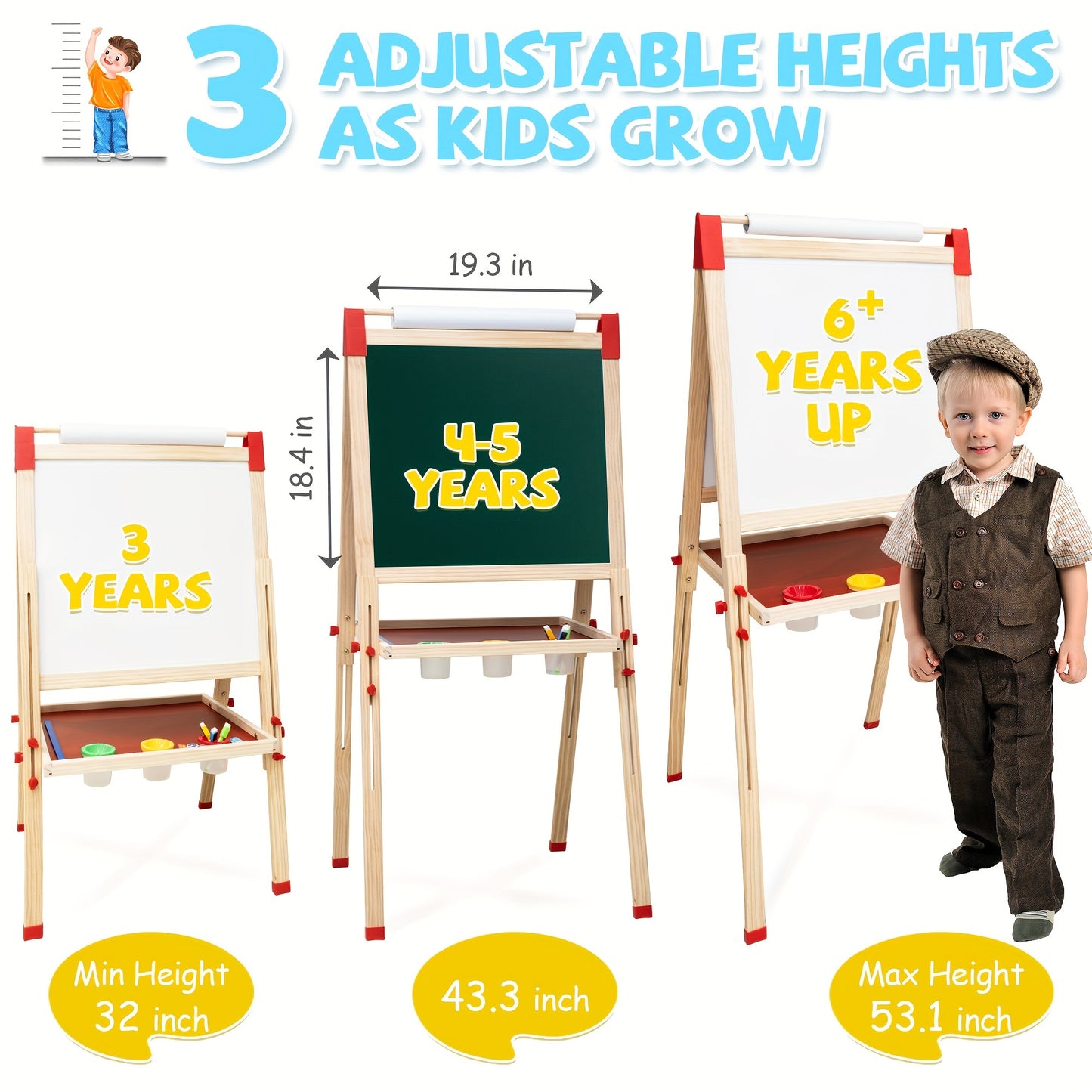 Wooden Art Easel, Chalkboard & Whiteboard