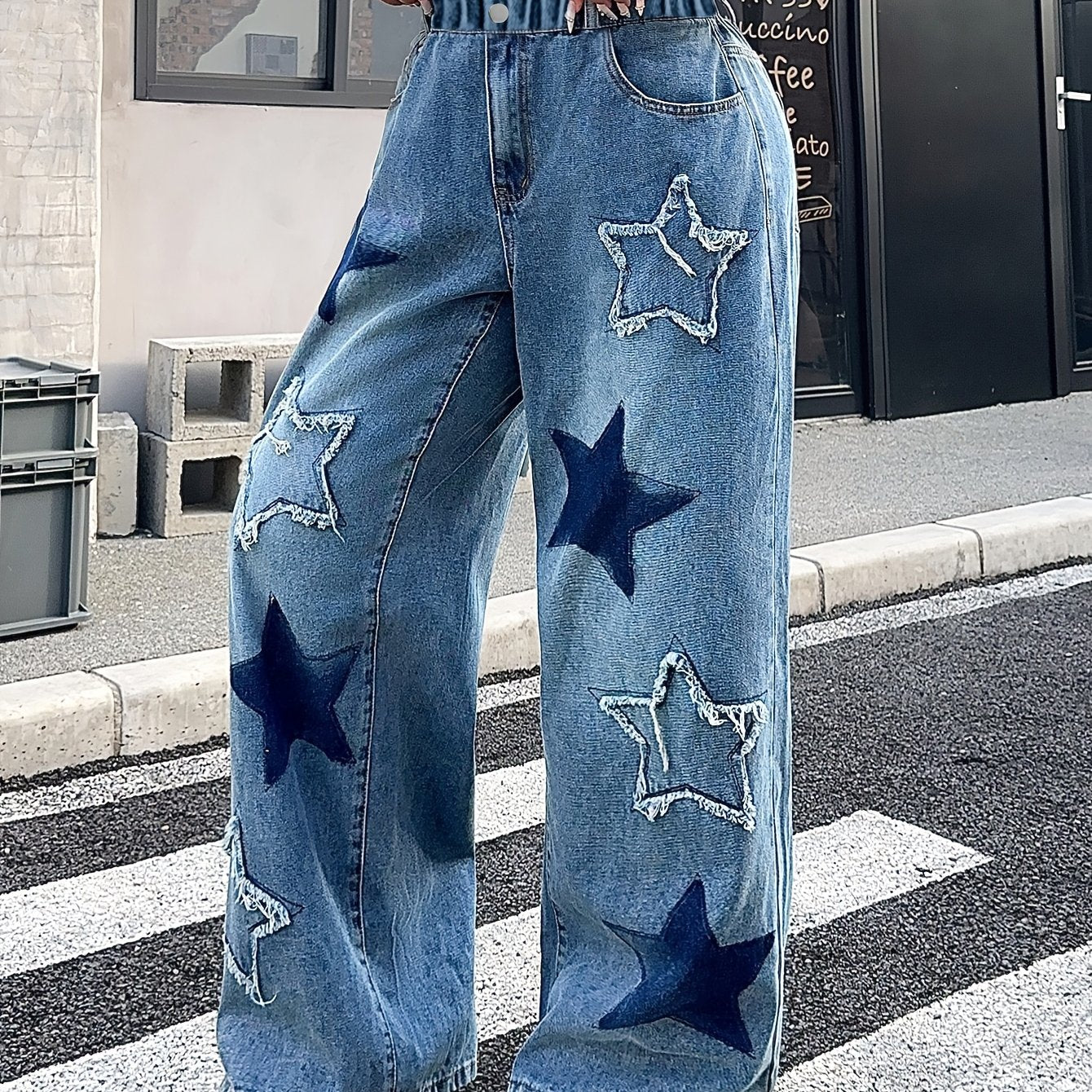 Girls' Y2K Star-Patterned Wide-Leg Jeans