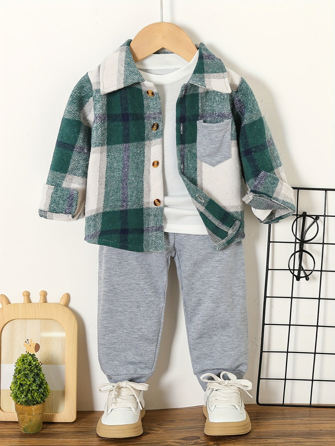 3pcs Outfit Set: Plaid Button-Up Shirt, Long Sleeve Tee & Solid Color Joggers