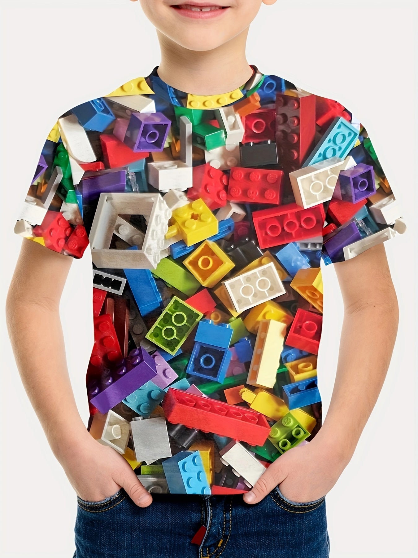 Boy's Short Sleeve Toy Bricks Pattern Full Print Tee,