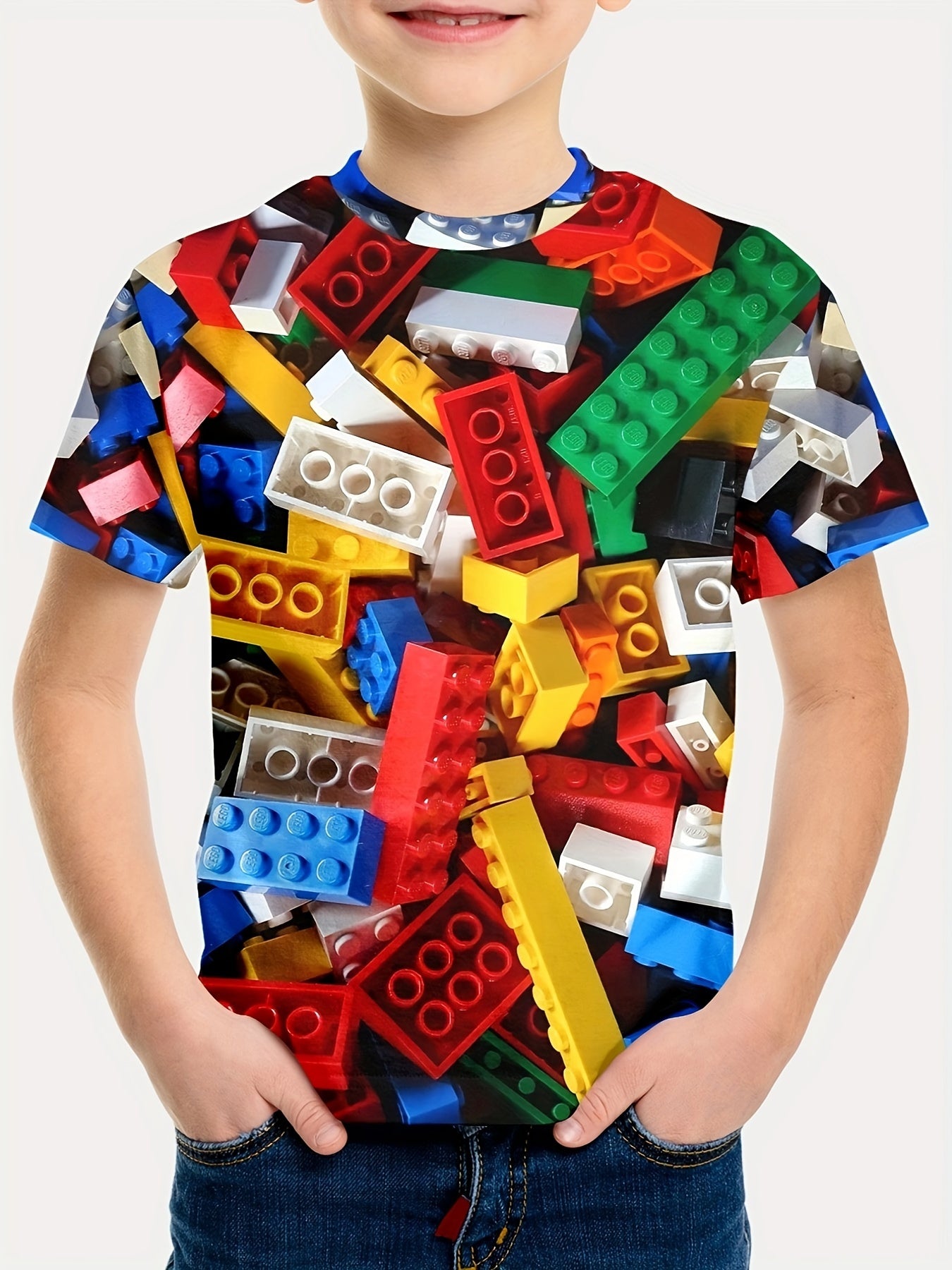 Boy's Short Sleeve Toy Bricks Pattern Full Print Tee,