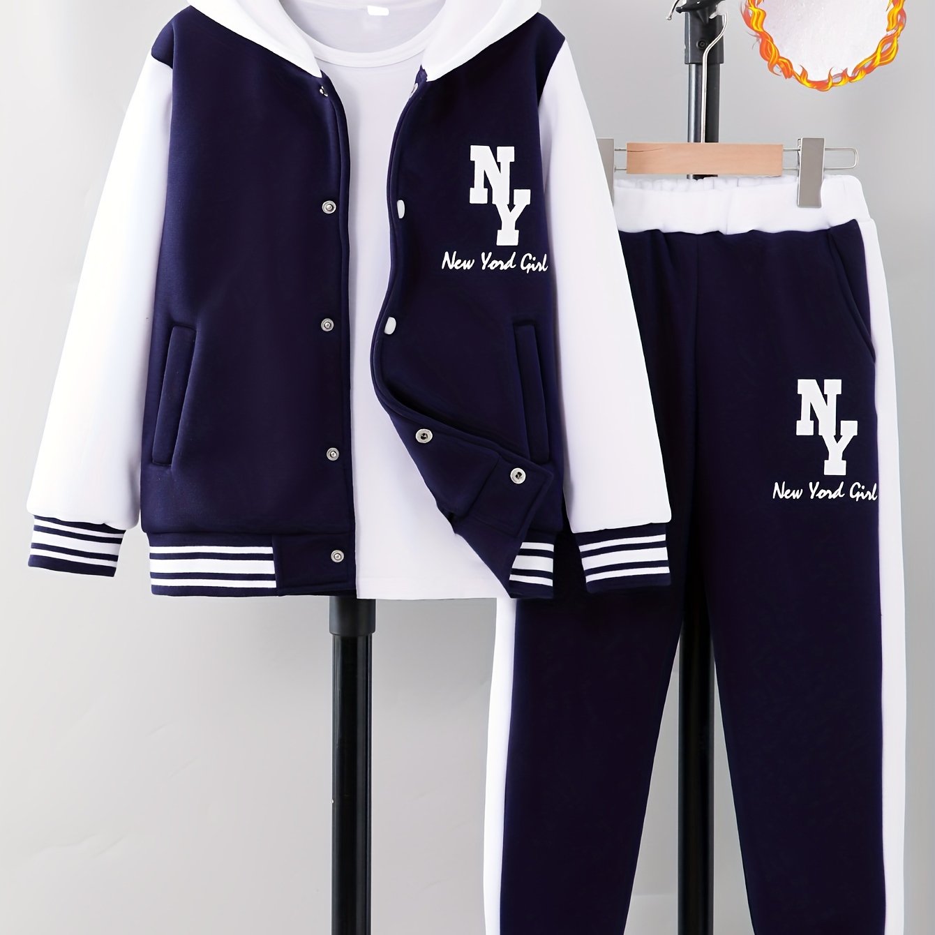 'NY' Letter Print Girl's Preppy Outfit, Color Block Hooded Varsity Jacket + Sweatpants Set