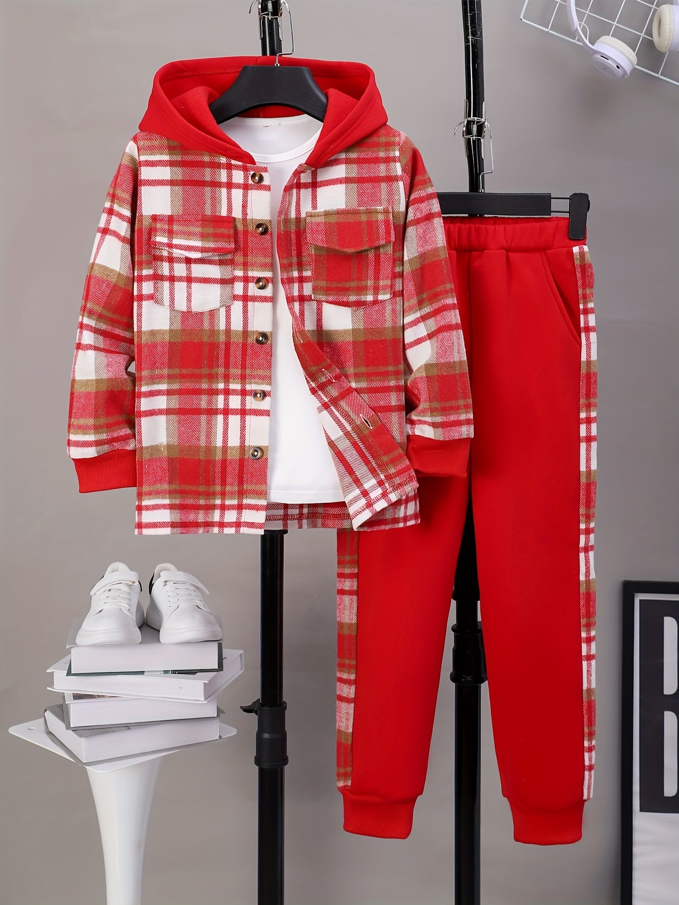 Boys' Red Plaid Patchwork Hooded Jacket, Shirt, Trousers