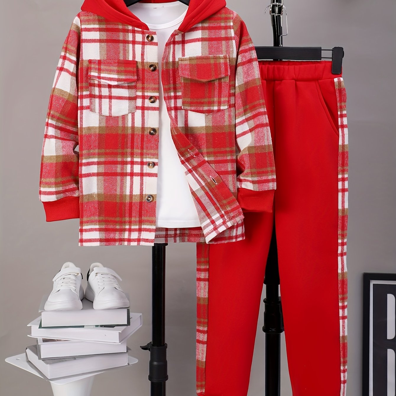 Boys' Red Plaid Patchwork Hooded Jacket, Shirt, Trousers