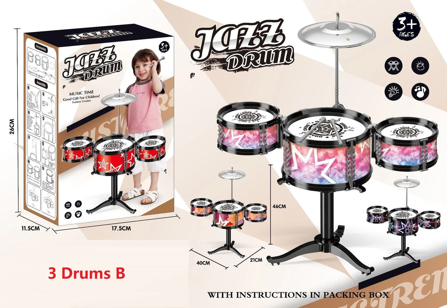 Drum Set for Kids 3 Drums / 5 Drums with Small Stool